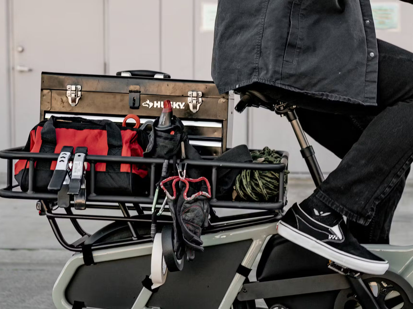 Aventon Abound Rear Rack Basket Shown on bike with Tool box and tools