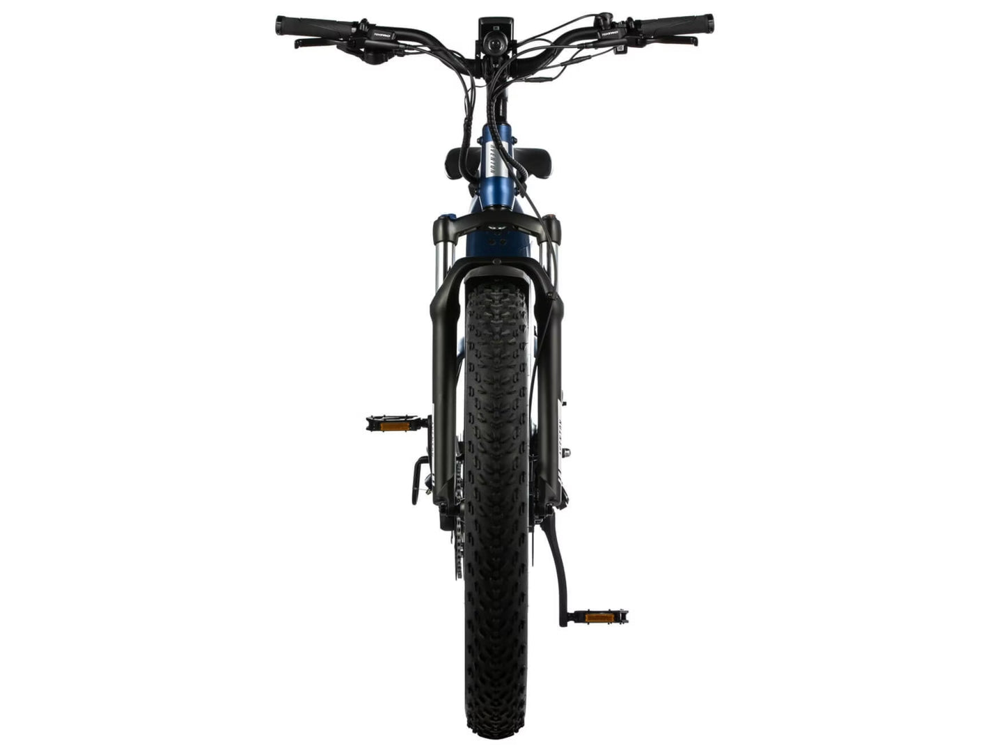 Aventon Aventure.2 Step-through Hardtail All Terrain Electric Bike Cobalt blue Forward facing closeup