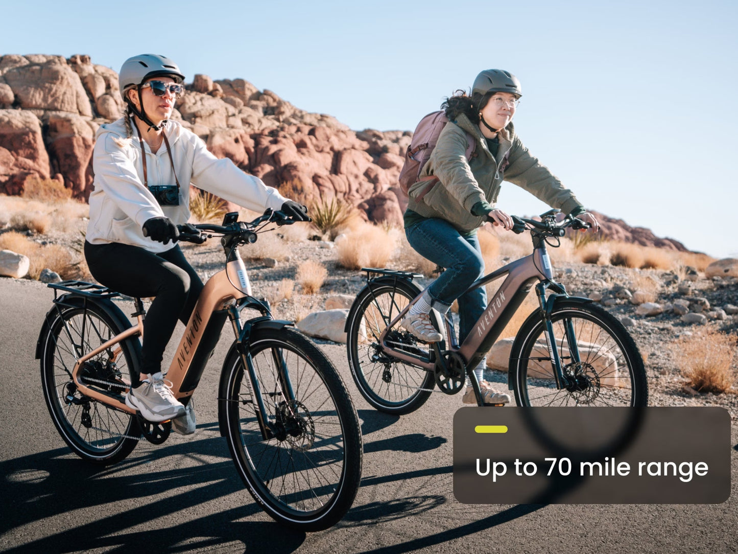 Aventon Level 3 Step-Through Road / commuter eBike Riders on desert style paved path