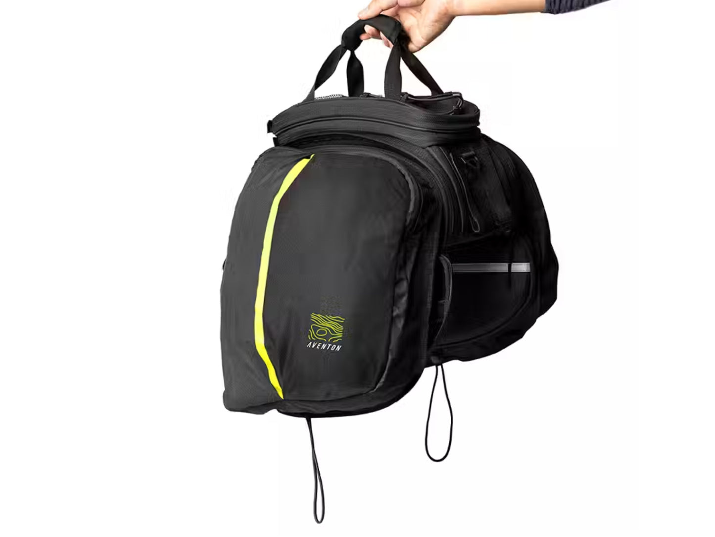 Abound Rack Top Bag Shown with sides unzipped, hand held