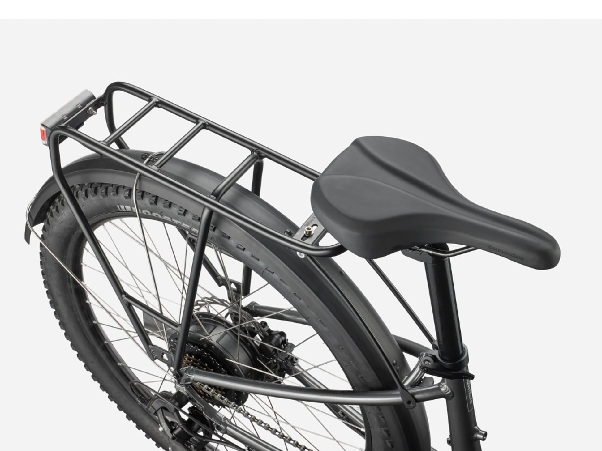 Cannondale Adventure Neo Allroad EQ Low Step-Thru Road/commuter Graphite Closeup of the saddle, rack, fender, tire and hub motor