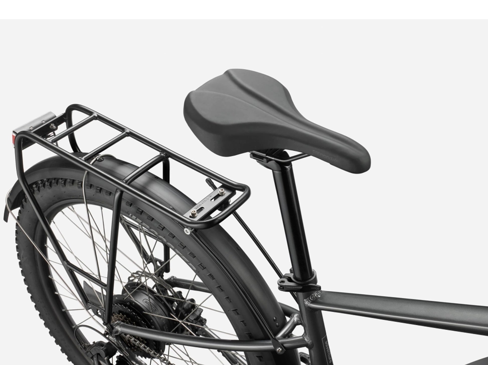 Cannondale Adventure Neo Allroad EQ  Road/commuter Graphite Closeup of the saddle, rack, fender, tire and hub motor