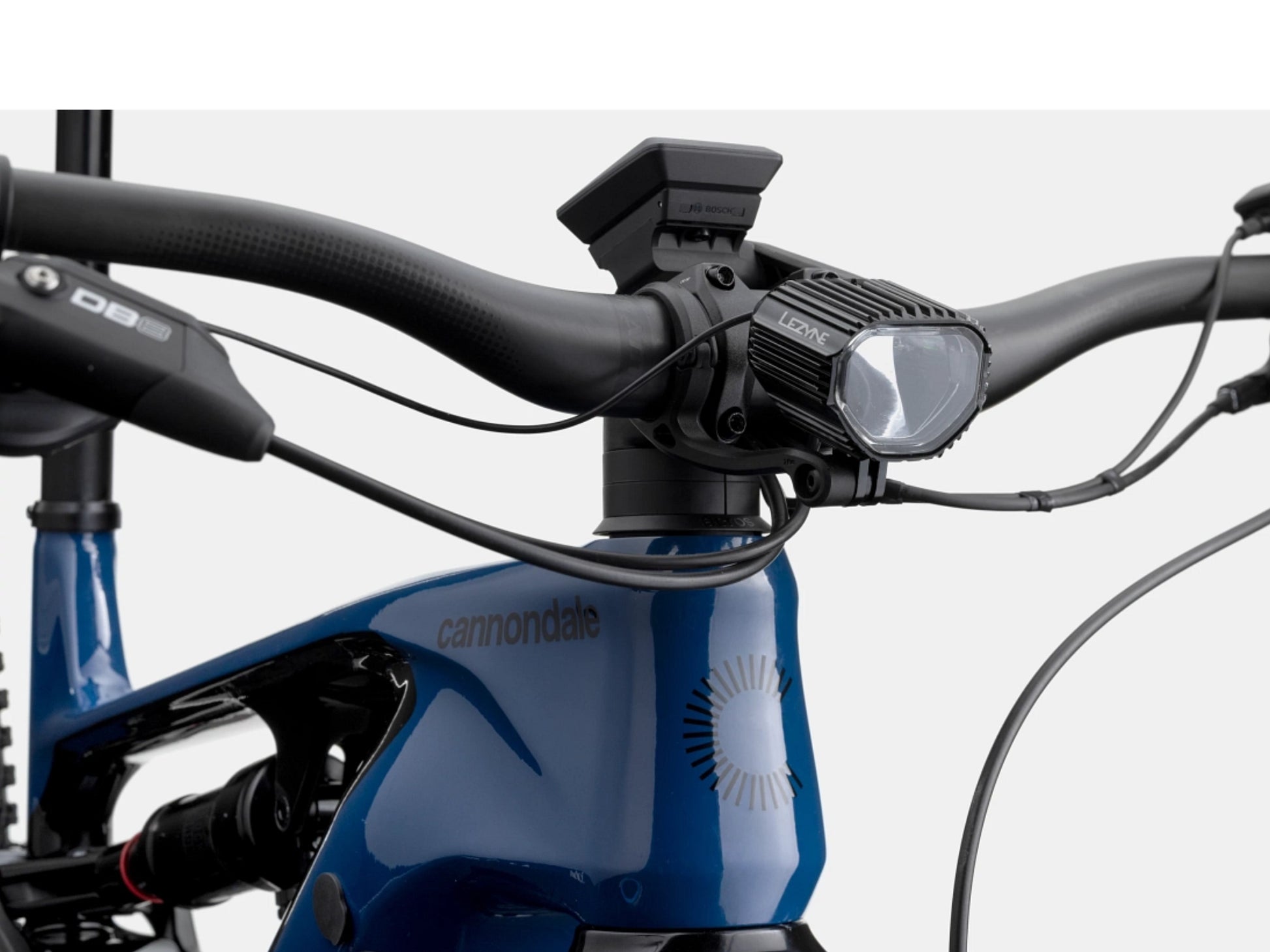 Cannondale Moterra Carbon 1 Full Suspension eMTB Abyss blue Lezyne headlight closeup
