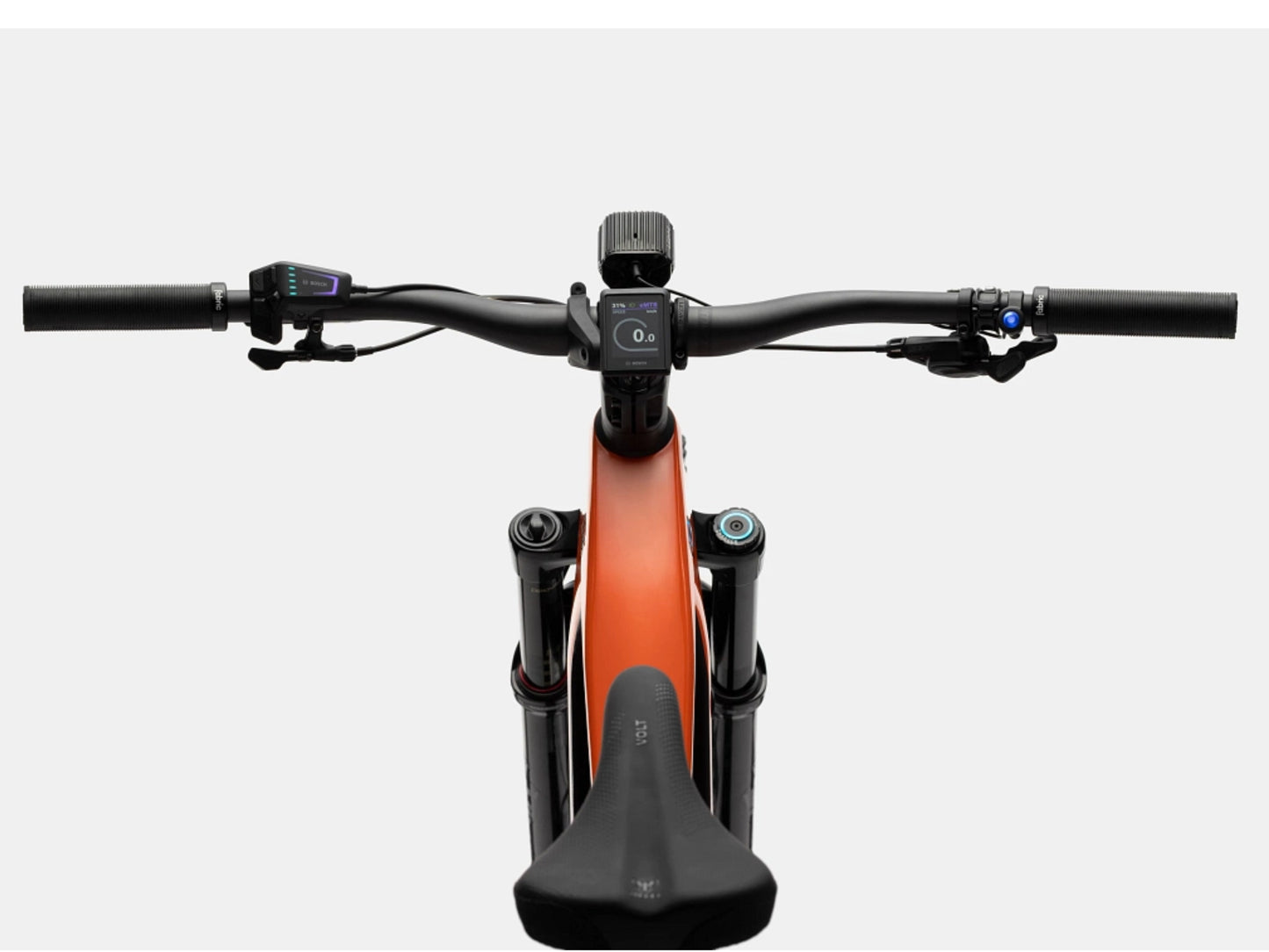 Cannondale Moterra Carbon 1 Full Suspension eMTB Orange Cockpit closeup of display, shifters, handlebars