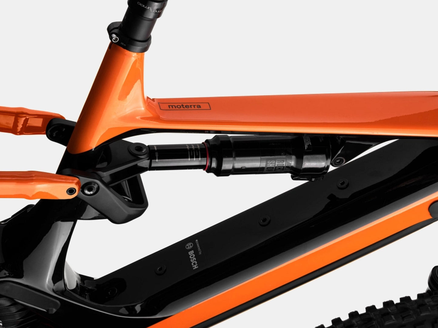 Cannondale Moterra Carbon 1 Full Suspension eMTB Orange Rear Shock Closeup