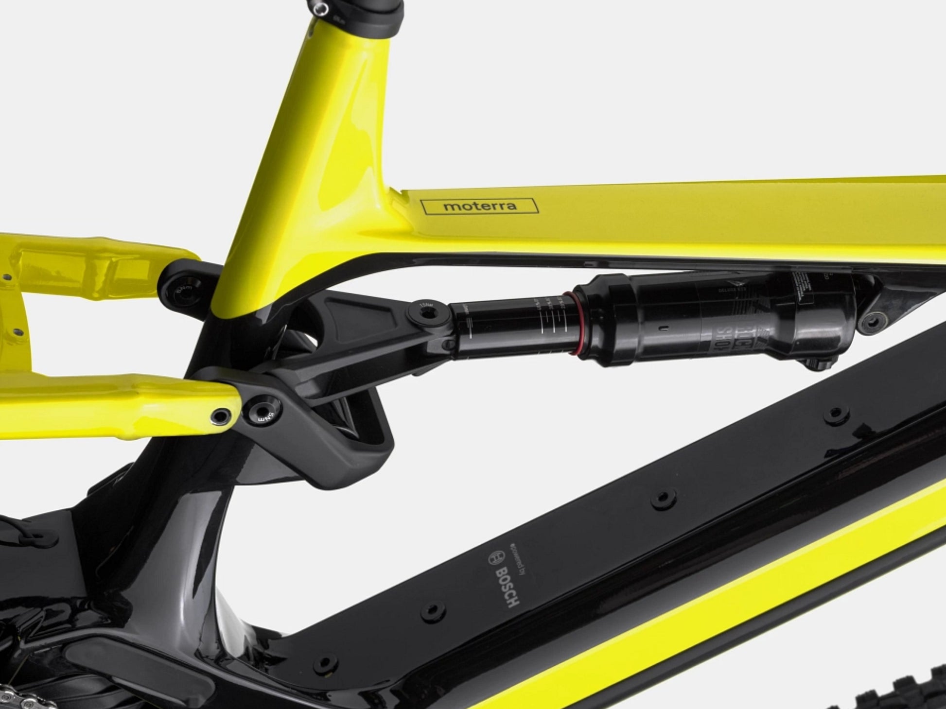 Cannondale Moterra Carbon 2 eMTB Full suspension Highlighter Rear shock closeup