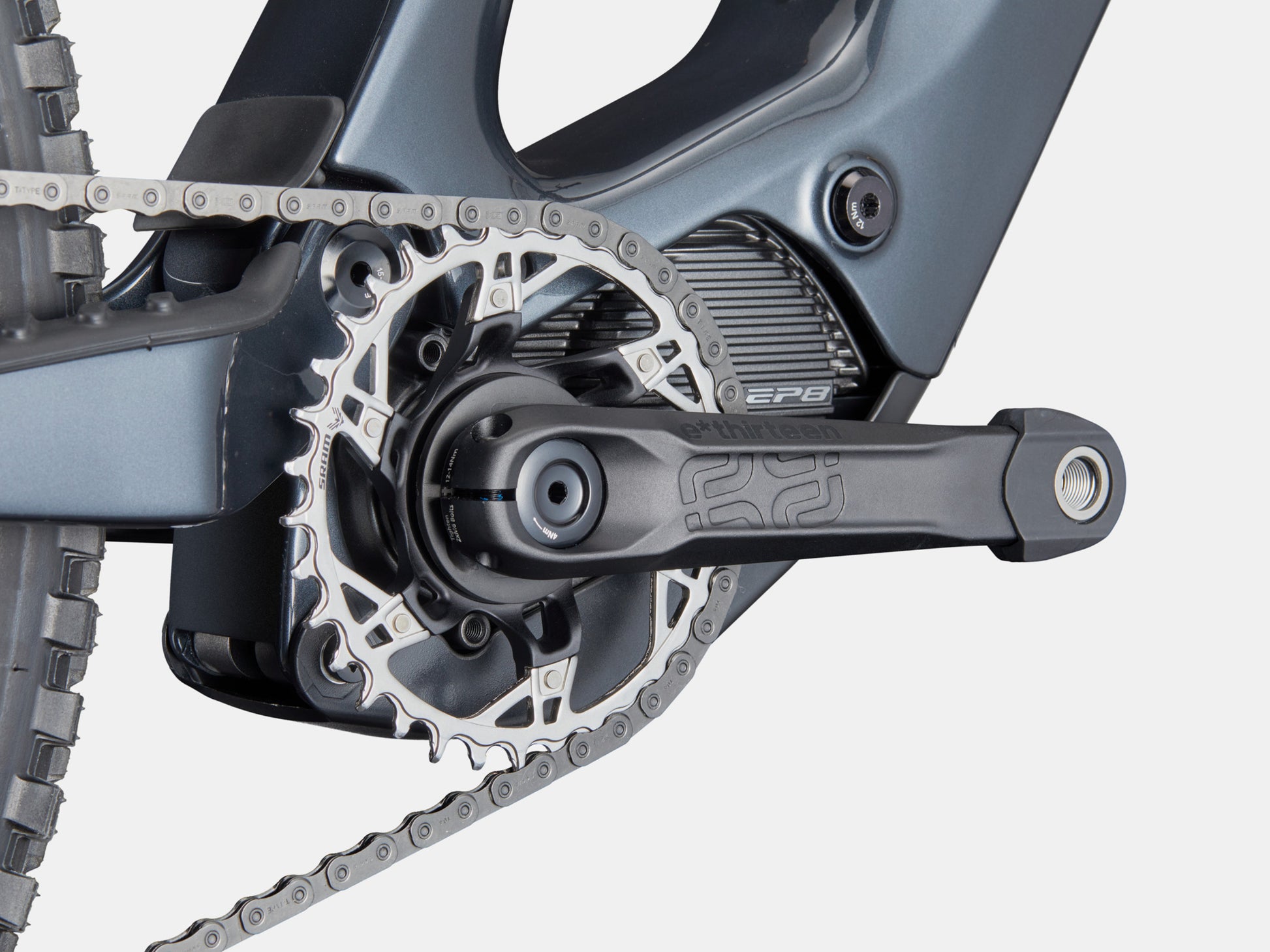 Cannondale Moterra SL1 Full suspension eMTB Tungsten blue Motor and Crank closeup