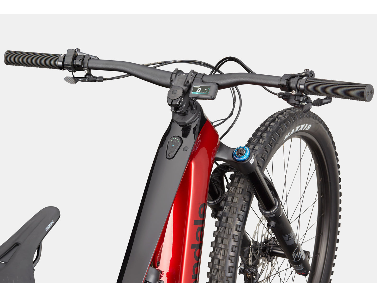 Cannondale Moterra SL 2 Dual suspension eMTB Candy red Cockpit closeup Forward facing view