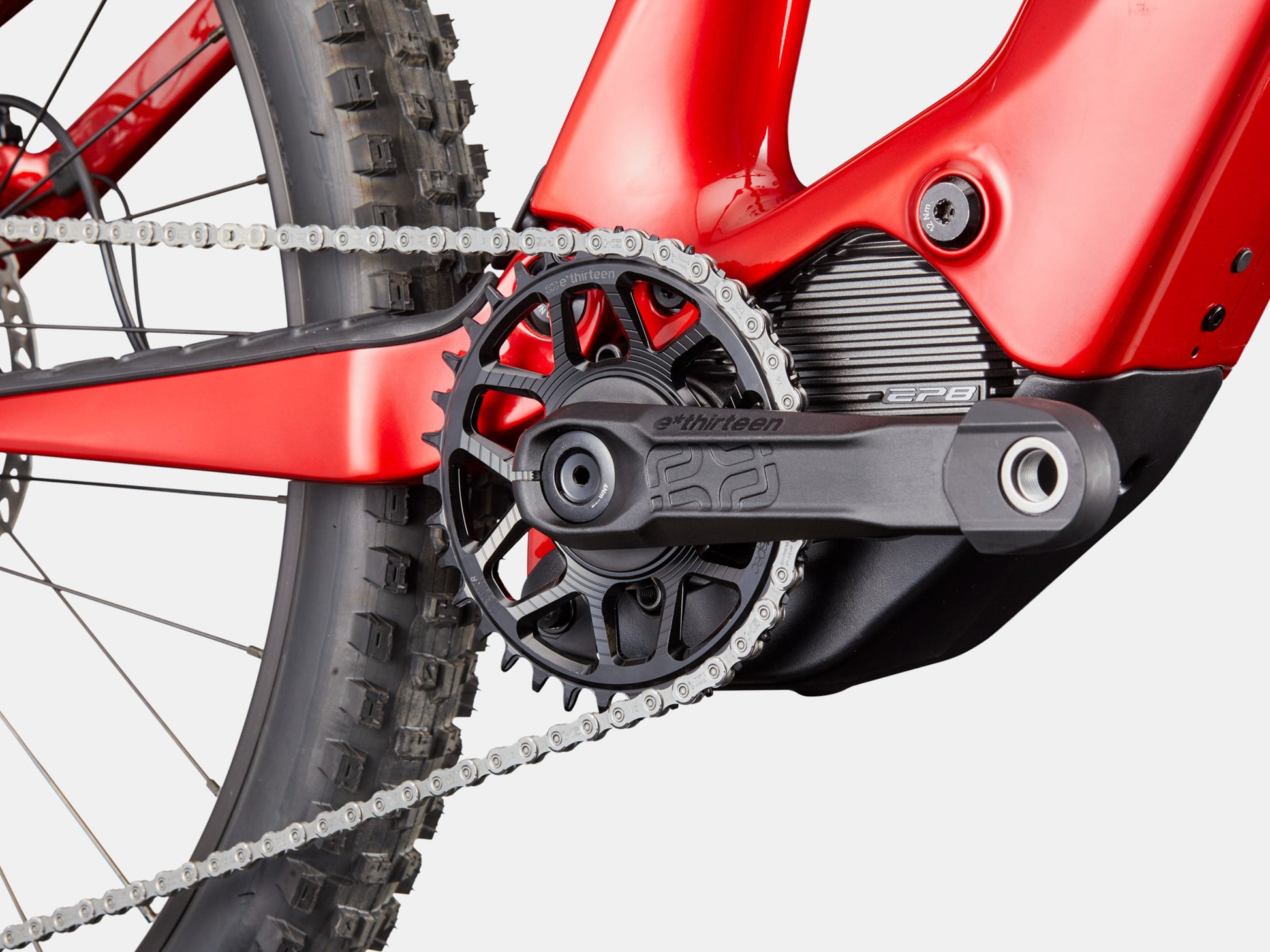 Cannondale Moterra SL 2 Dual suspension eMTB Candy red Motor, crank, chain, chainring Closeup
