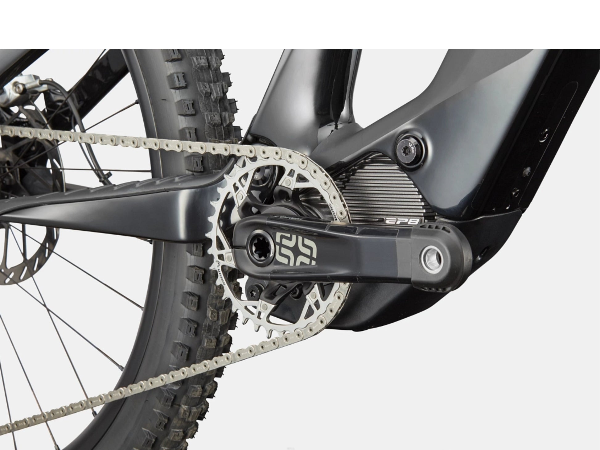 Cannondale Moterra SL LAB71 Dual Suspension eMTB Pewter Motor, chain, chianring,crank closeup