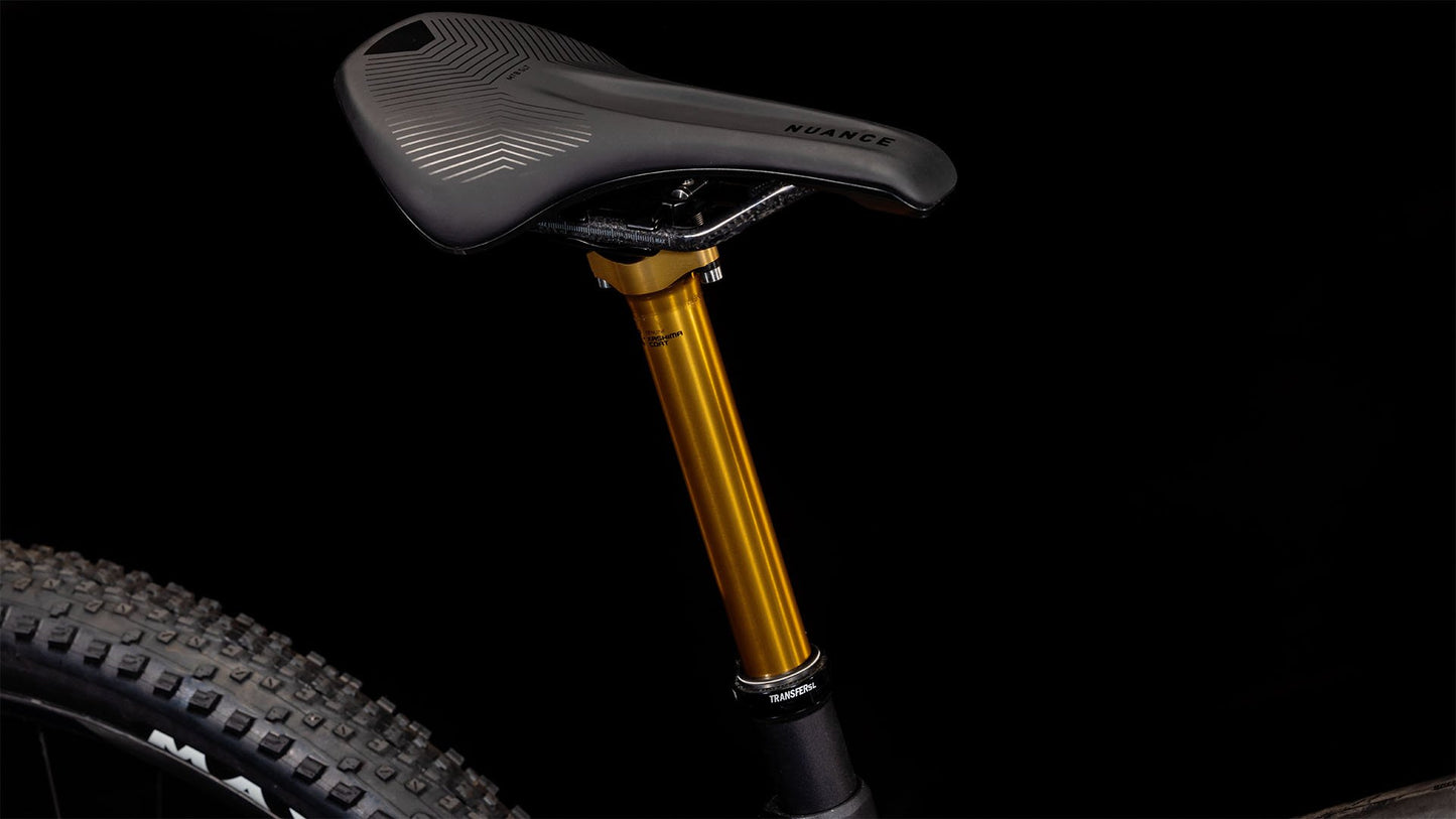 Cube AMS Hybrid One44 Kashima coated seatpost and saddle closeup