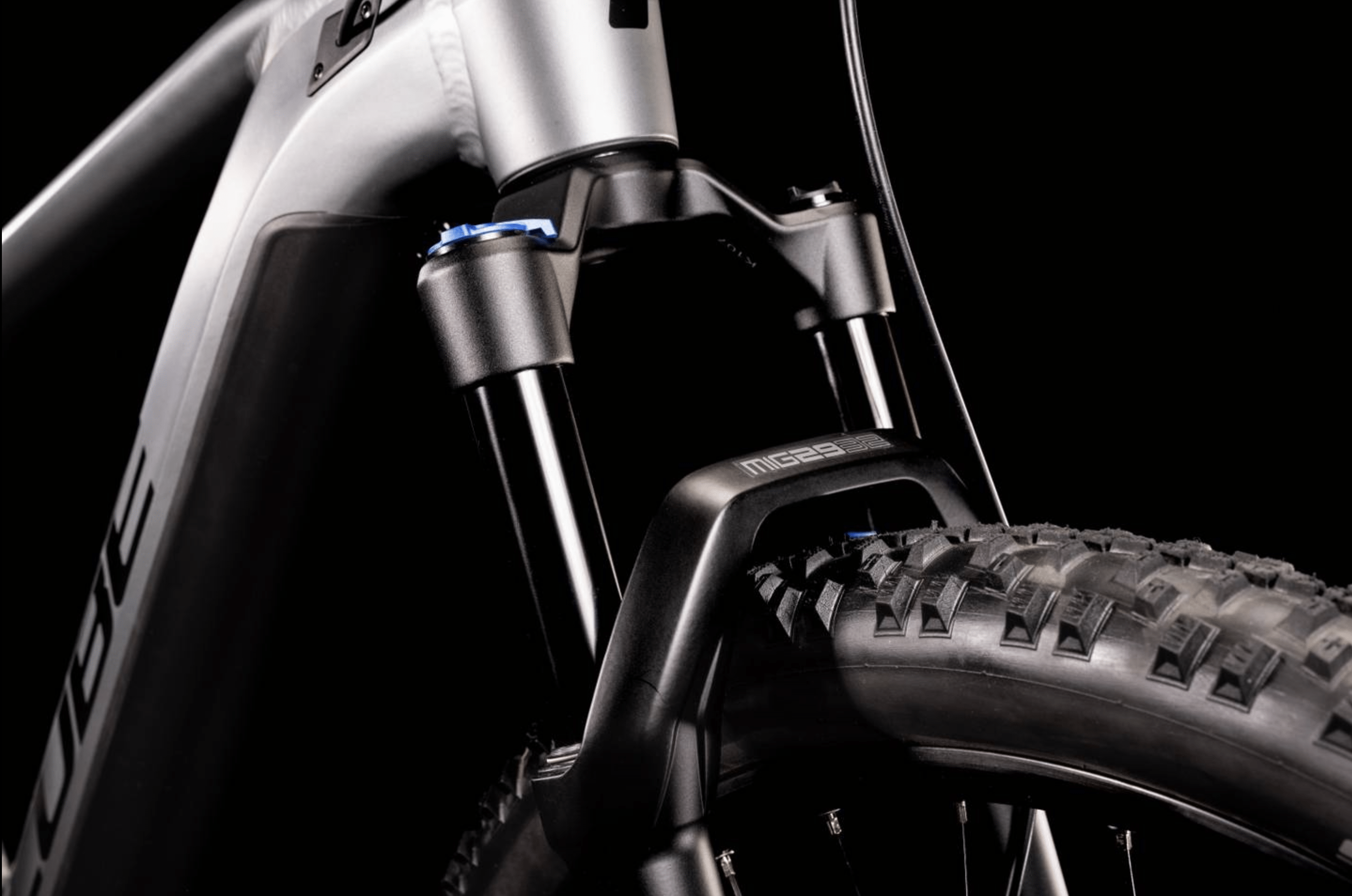 Cube Reaction Hybrid Pro 500 hardtail eMTB front fork closeup on Fly Rides