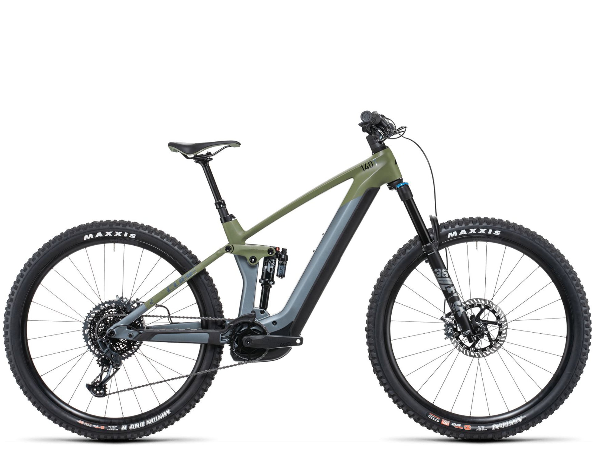 Cube Stereo Hybrid 140 HPC TM 750 eMTB full Suspension flashgrey n olive side profile on Fly Rides