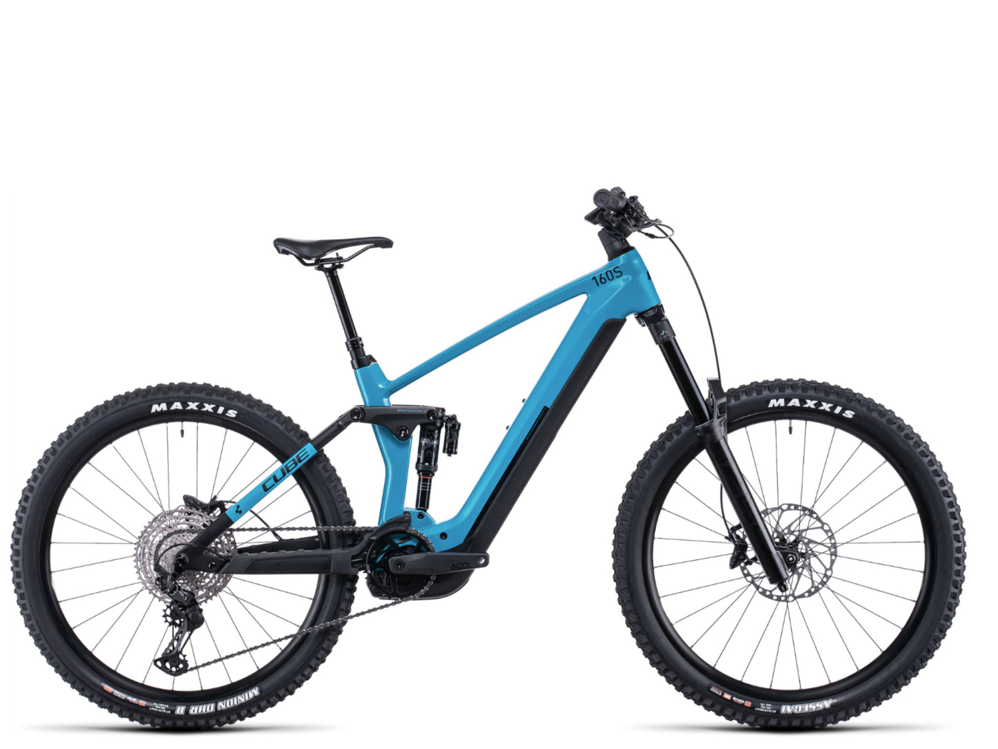 Cube Stereo Hybrid 160 SL 750 Full Suspension emtb Aquamarine 'n' black Side profile Fly Rides USA