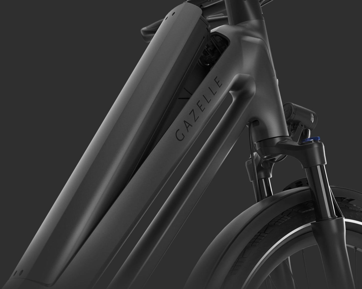 Gazelle Eclipse Anthracite Closeup of Bosch battery compartment frame integration