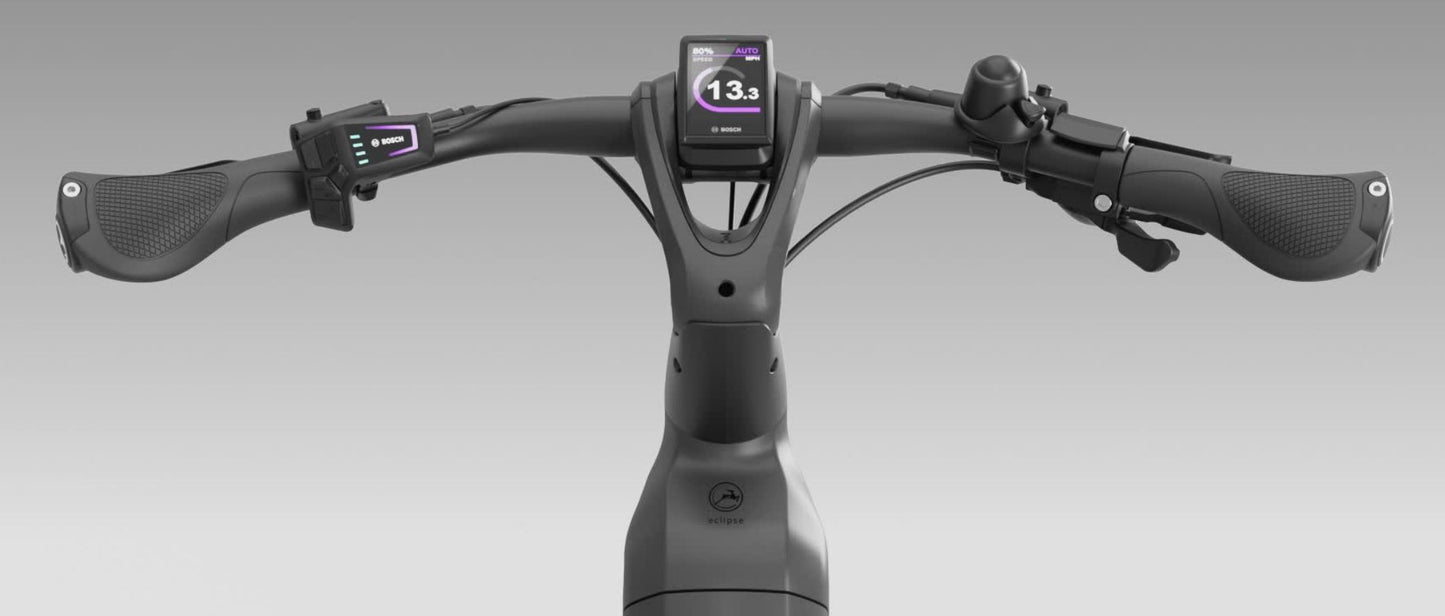 Gazelle Eclipse Anthracite Closeup of Curved handlebars, ergon grips, Bosch Kiox display