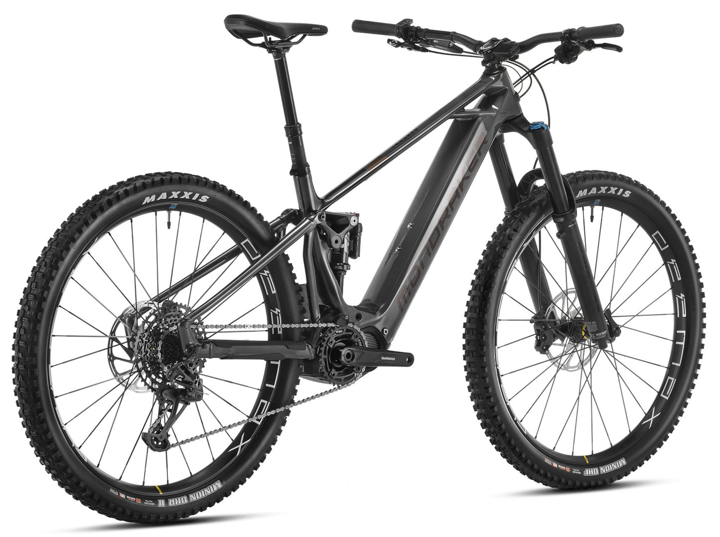 Mondraker Crusher Nimbus grey / vortex grey / bronze Full Suspension eMTB Rear facing view