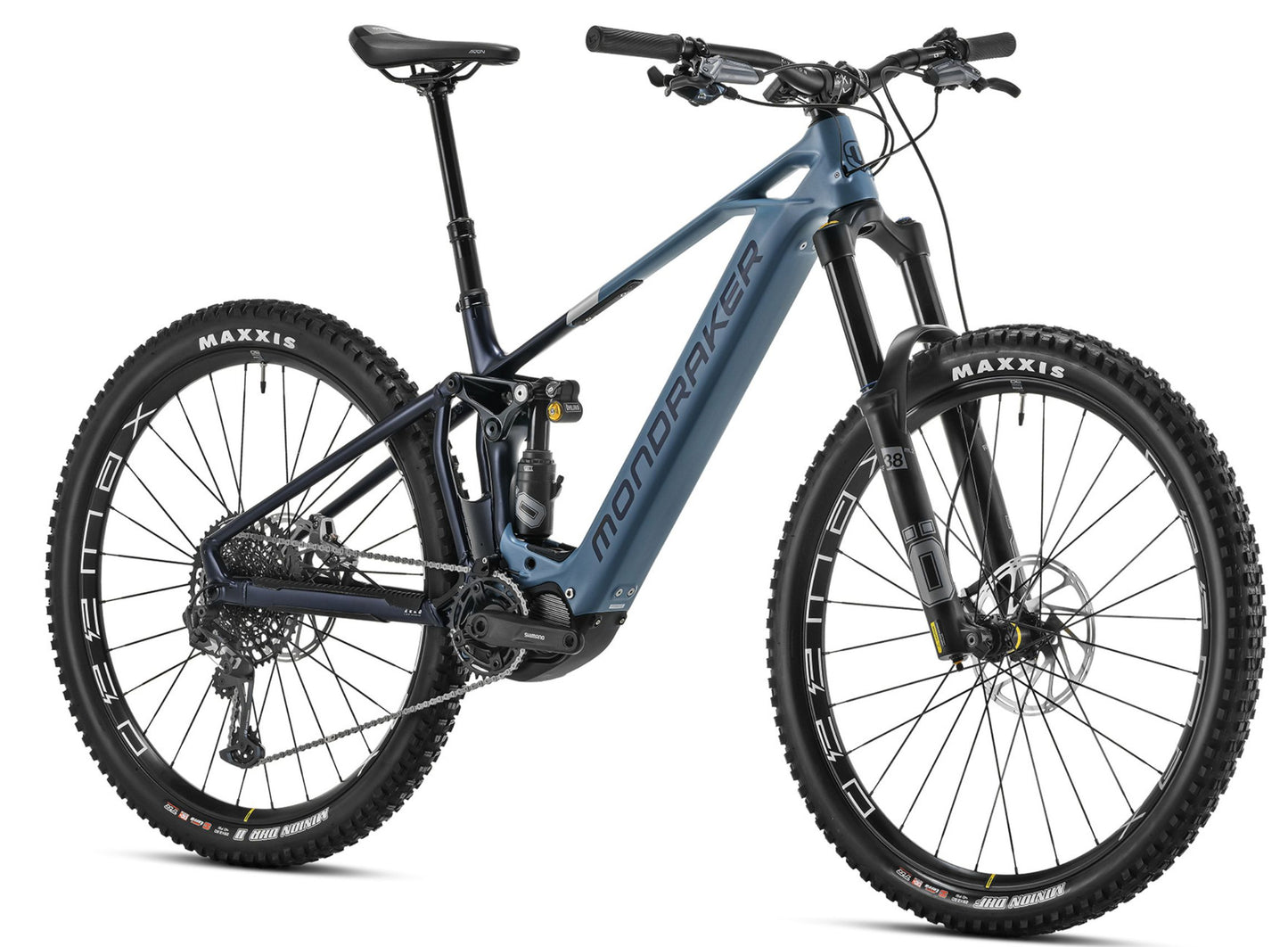 Mondraker Crusher R Denim blue / navy /silver Full Suspension eMTB Forward facing view
