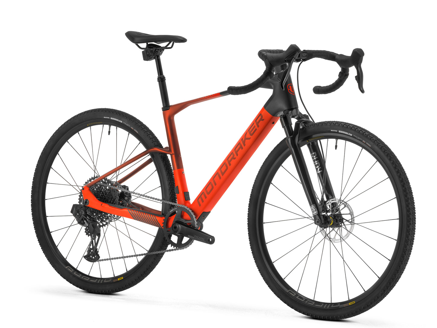 Mondraker Dusty RR Electric gravel bike Flame red Forward facing view