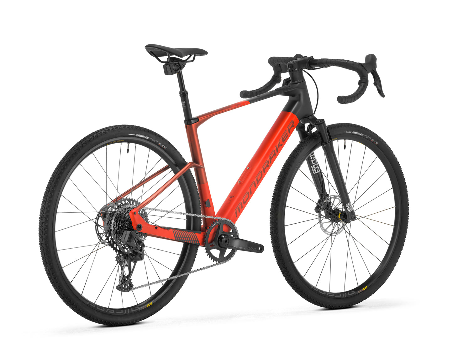 Mondraker Dusty RR Electric gravel bike Flame red Rear facing view