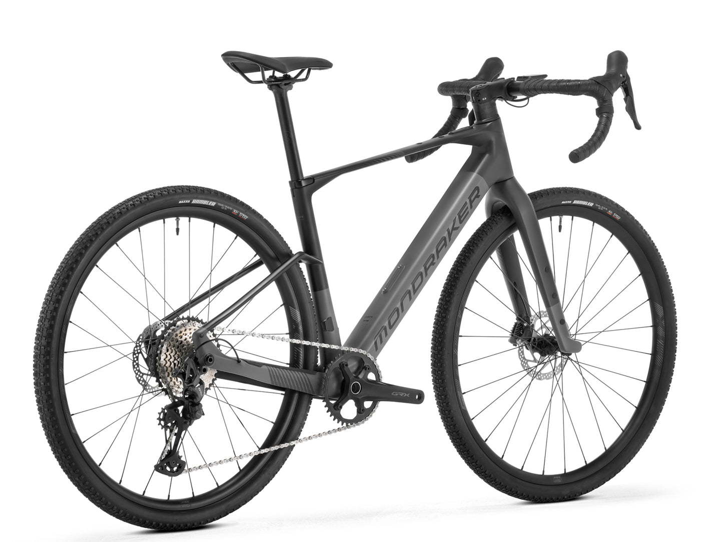 Mondraker Dusty Gravel ebike Nimbus grey Rear facing view