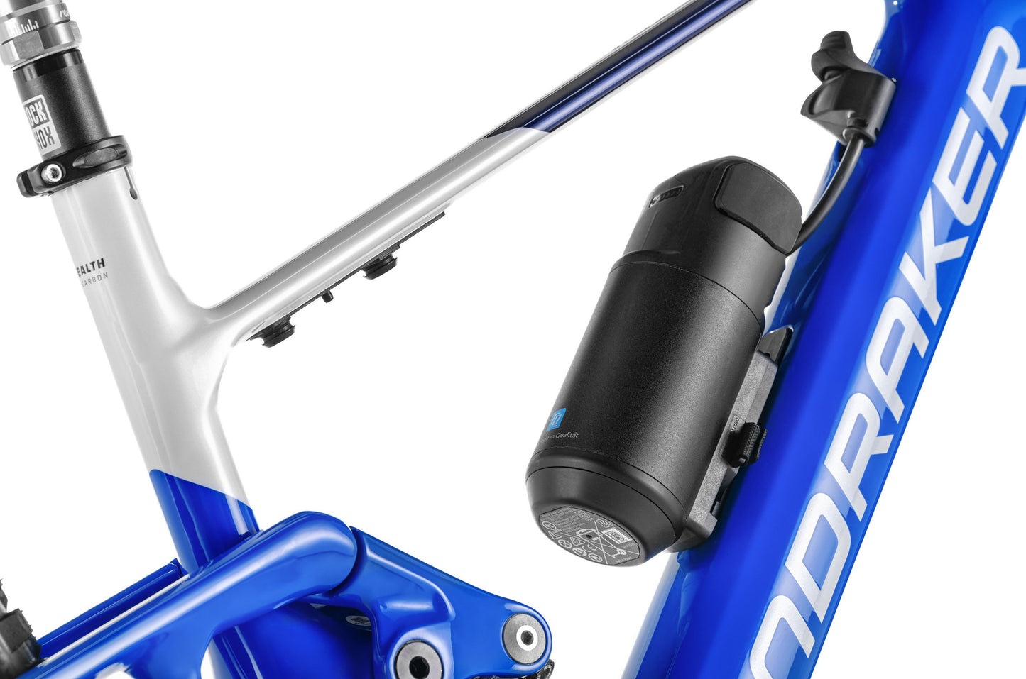 Mondraker Neat RR SL Gloss royal blue / silver / black Full Suspension eMTB Closeup of optional battery pack addition