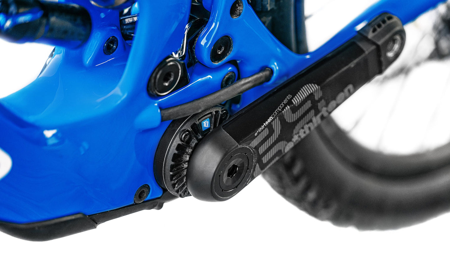Mondraker Neat RR SL Gloss royal blue / silver / black Full Suspension eMTB Crank e*thirteen Closeup