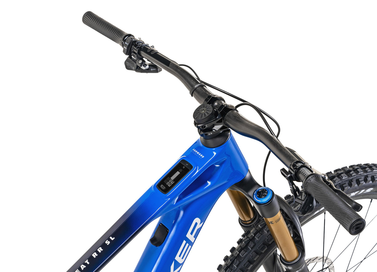 Mondraker Neat RR SL Gloss royal blue / silver / black Full Suspension eMTB Closeup Handlebars and display