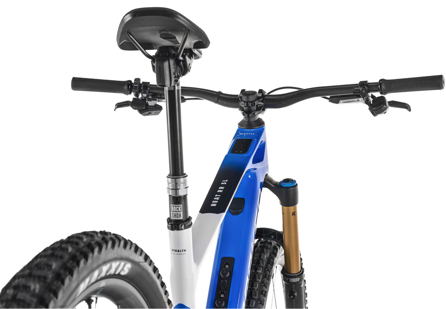 Mondraker Neat RR SL Gloss royal blue / silver / black Full Suspension eMTB Closeup of Rockshox Reverb Seatpost
