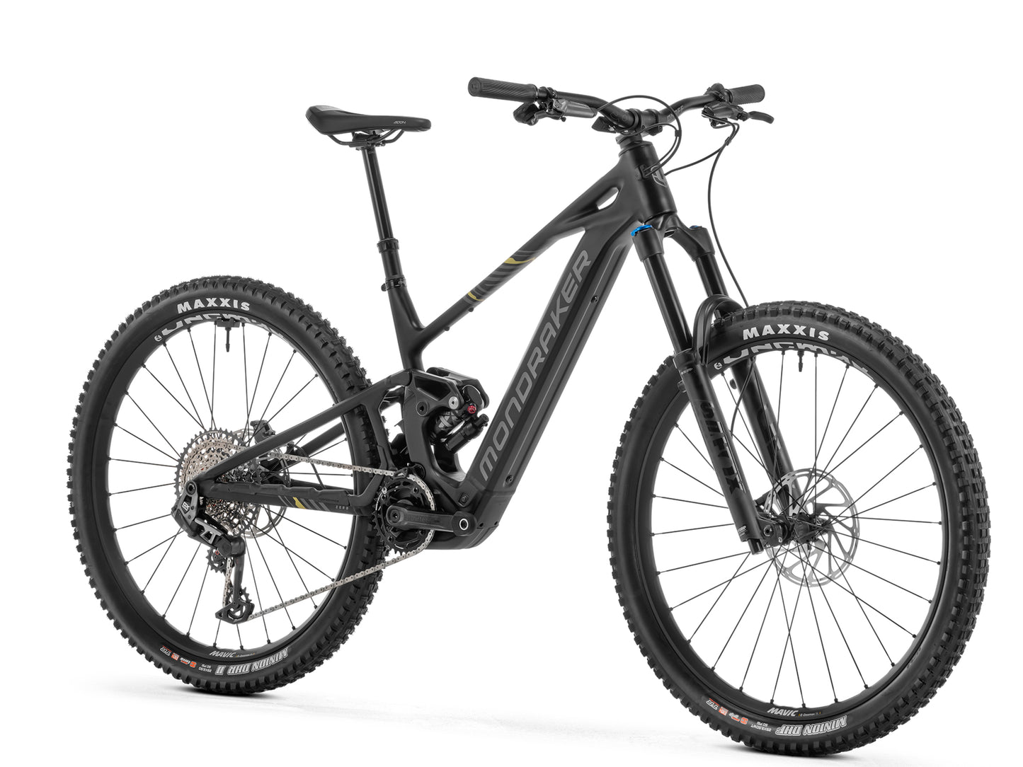 Mondraker Sly RR eMTB Enduro Forward facing view Black / nimbus grey / tonic gold