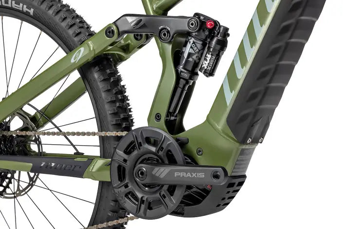 Niner RIP e9 Full suspension eMTB Green Motor, Rear shock, Crank, Chainring closeup