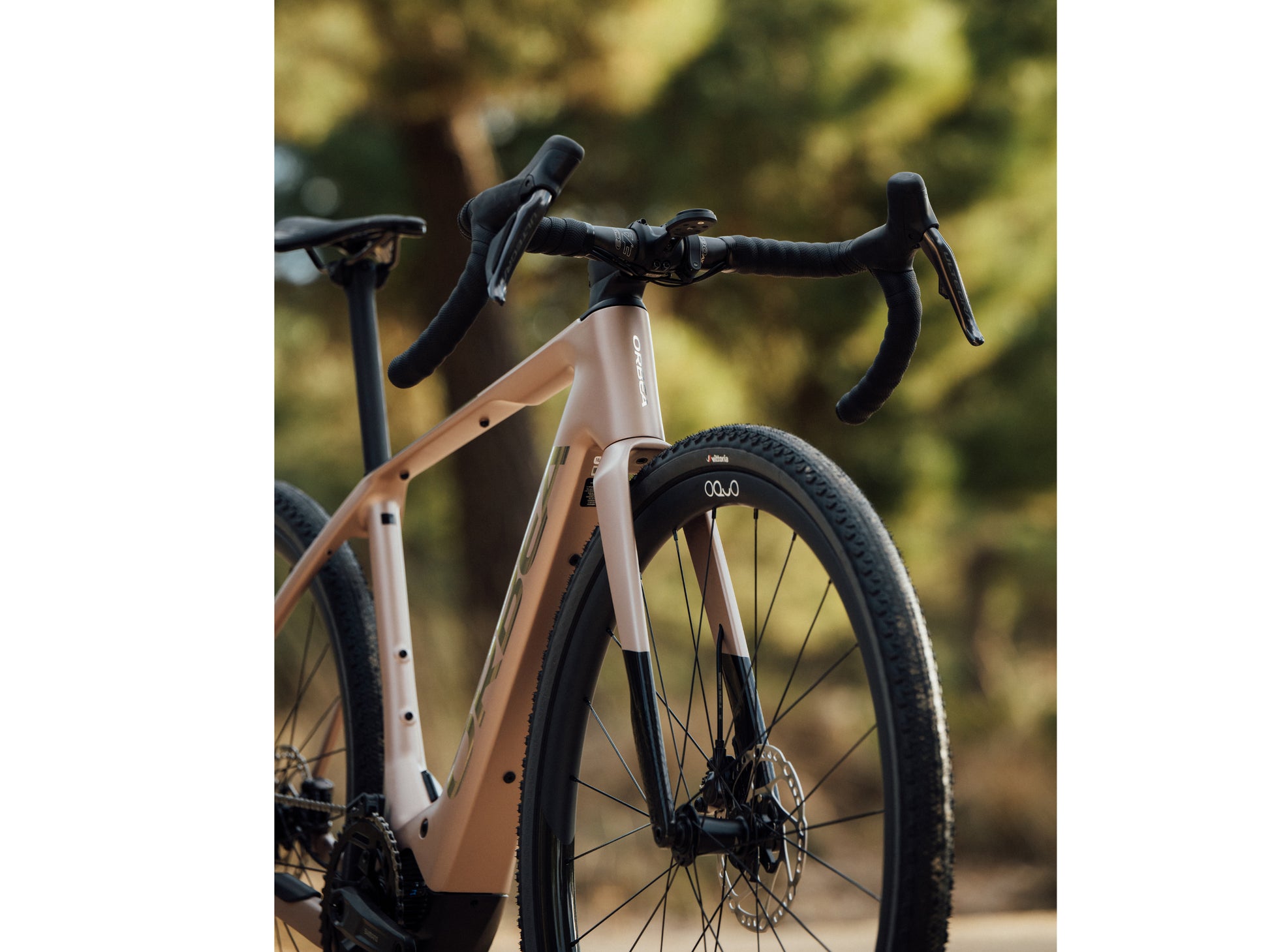 Orbea Denna Gravel Road / commuter Electric bike Nickel matte / carbon raw gloss Forward view | Wheel, Handlebars, stem, shifters, seatpost, beauty closeup