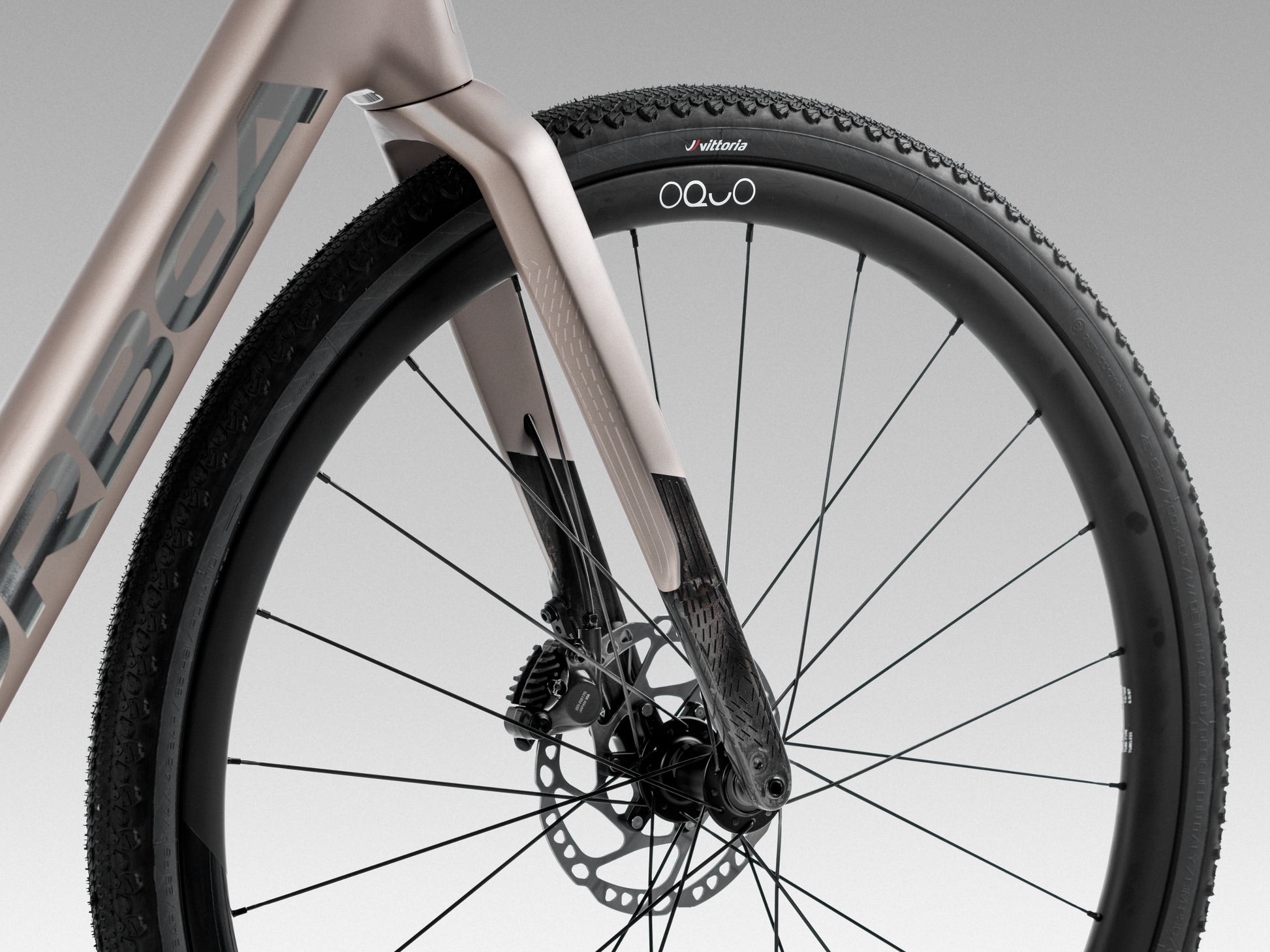 Orbea Denna M20i Gravel Road / commuter Electric bike Nickel matte / carbon raw gloss Fork, Front wheel amd tire, brake disc closeup