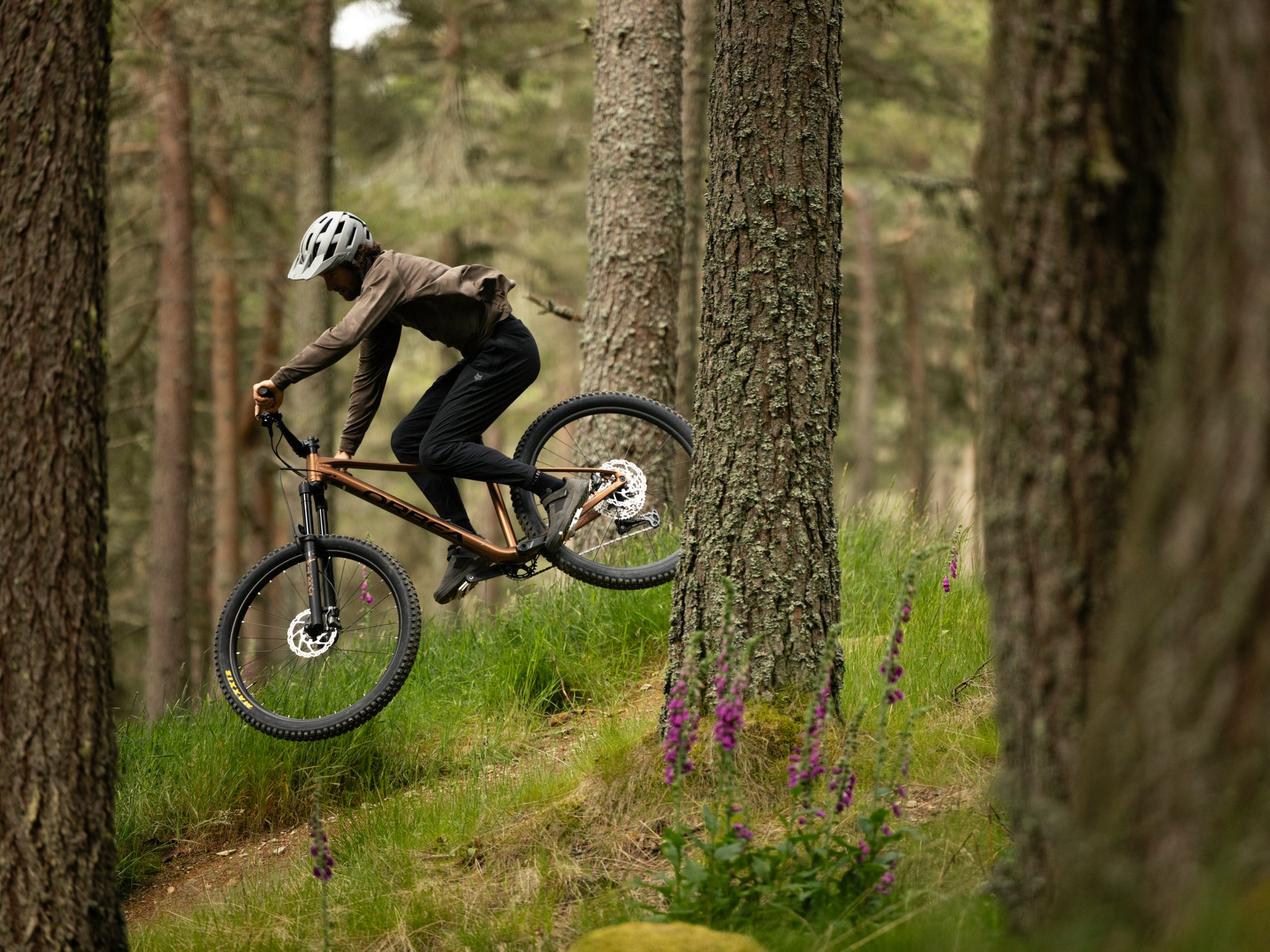 Orbea Laufey Hardtail Mountain bike. Rider getting air, jumping on dirt track in forest setting
