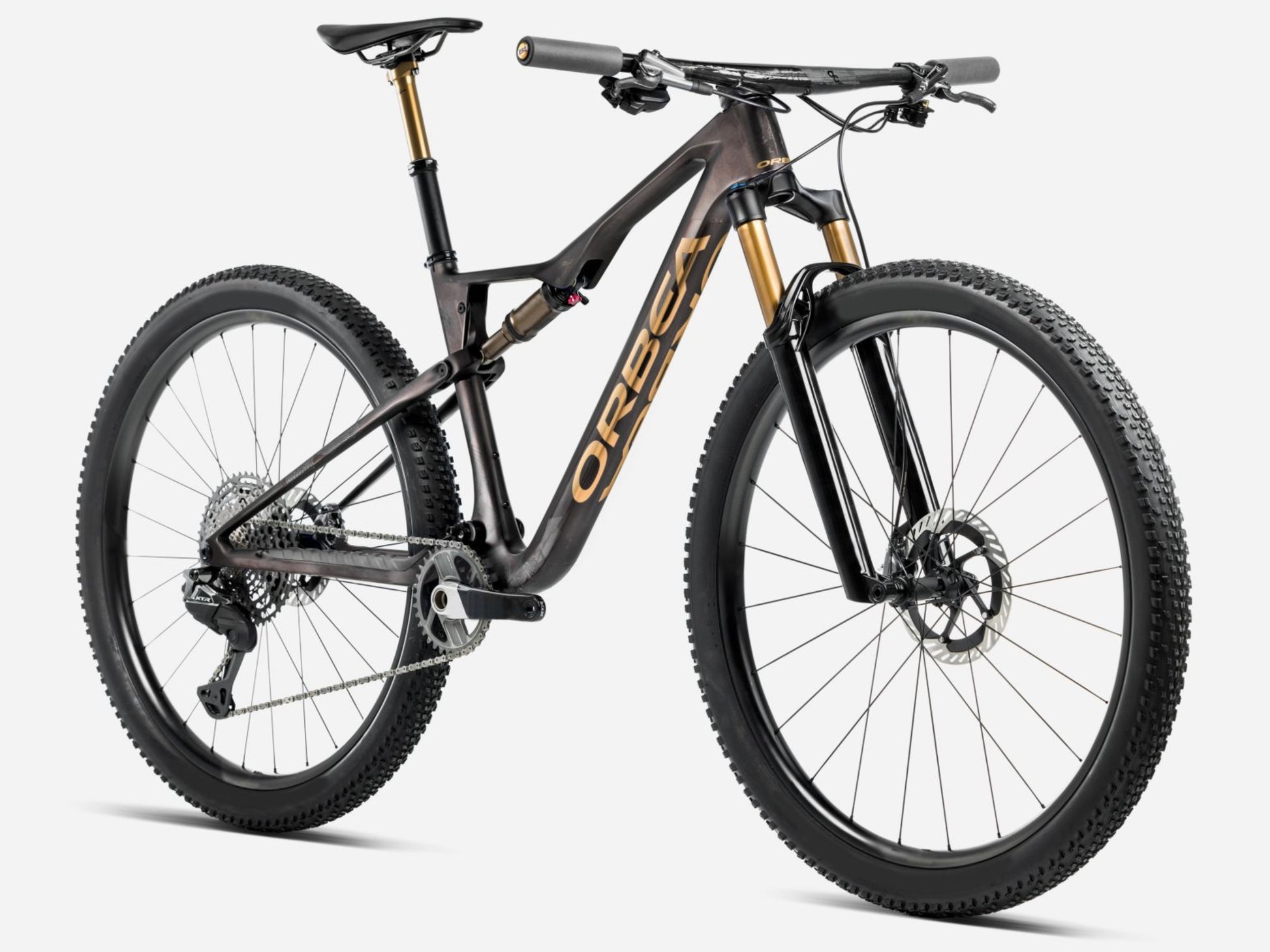 Orbea Oiz M-Pro Full Suspension Mountain bike Bronze carbon view / titan gold matte gloss Forward facing view *bike in image may not reflect specific model