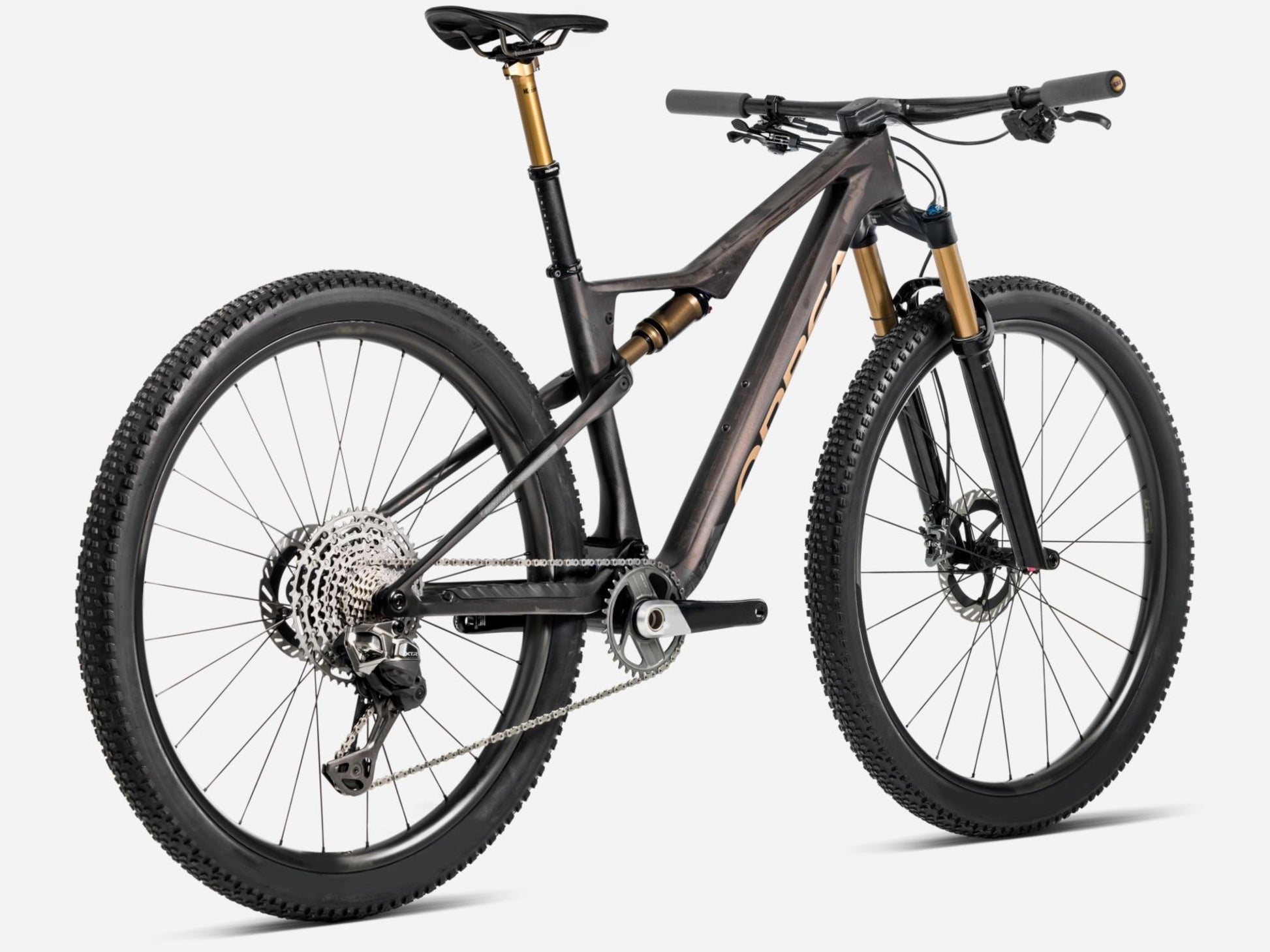 Orbea Oiz M-Pro Full Suspension Mountain bike Bronze carbon view / titan gold matte gloss Rear facing view *bike in image may not reflect specific model