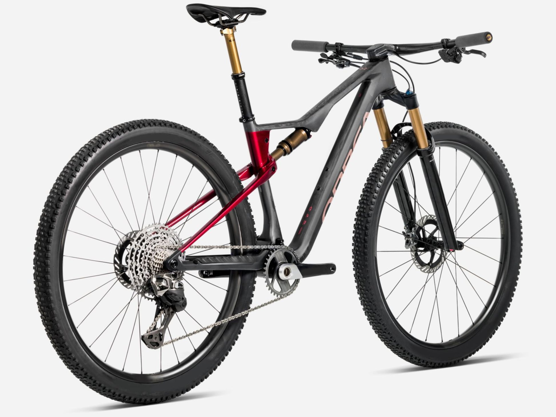 Orbea Oiz M-Pro Full Suspension Mountain bike Diamond carbon view matte / cherry red gloss Rear facing view  *bike in image may not reflect specific model
