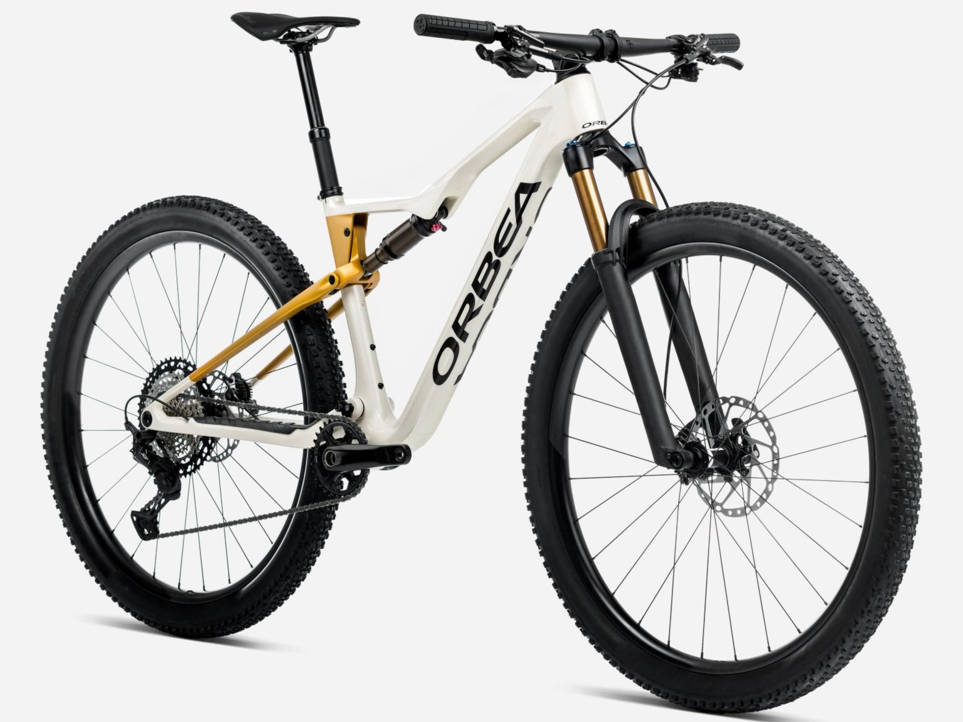 Orbea Oiz Full Suspension Mountain bike Ivory white gloss / bumblebee yellow matte Forward facing view