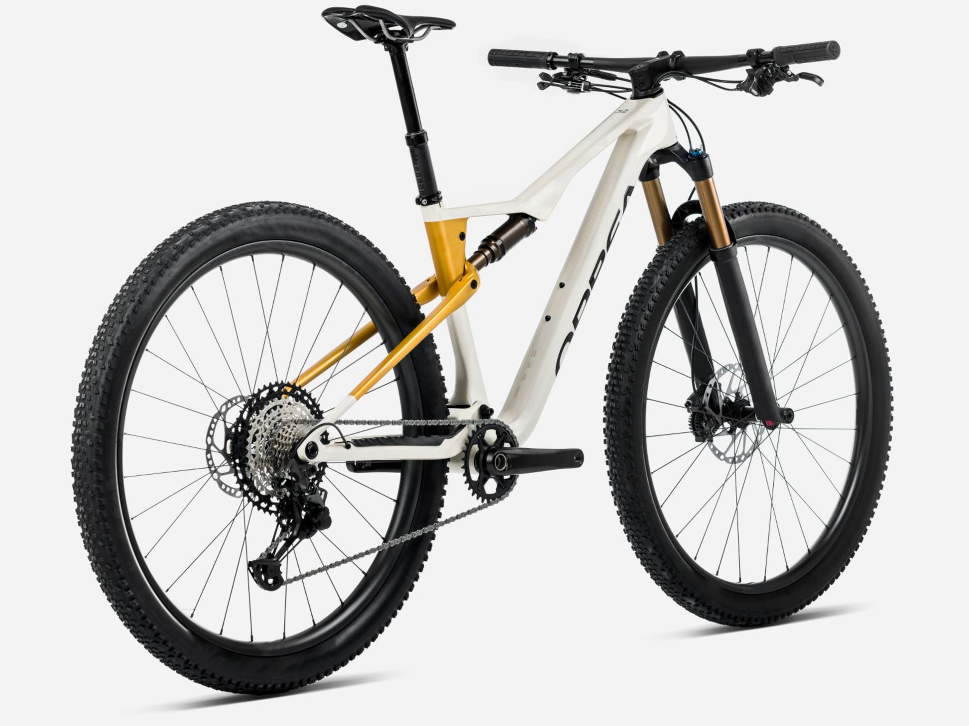 Orbea Oiz Full Suspension Mountain bike Ivory white gloss / bumblebee yellow matte Rear facing view