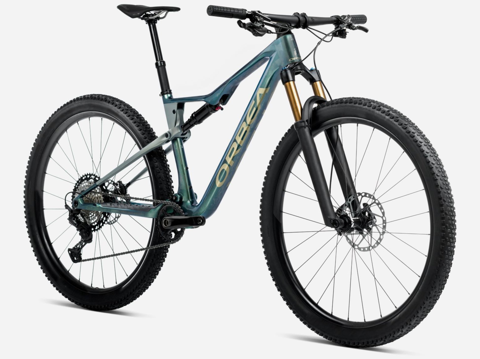 Orbea Oiz Full Suspension Mountain bike Seaweed carbon view gloss / spaceship green matte Forward facing view