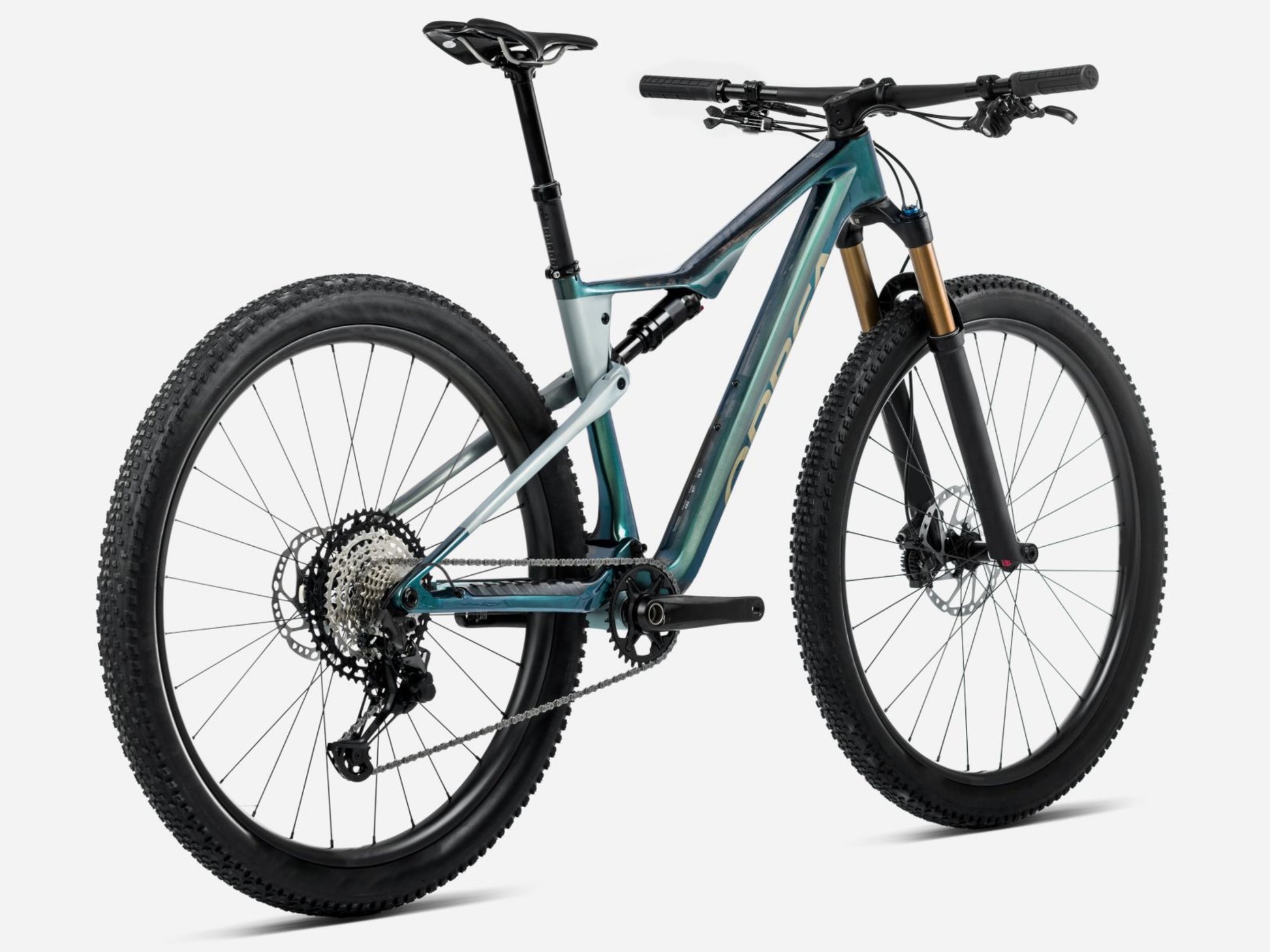 Orbea Oiz Full Suspension Mountain bike Seaweed carbon view gloss / spaceship green matte Rear facing view