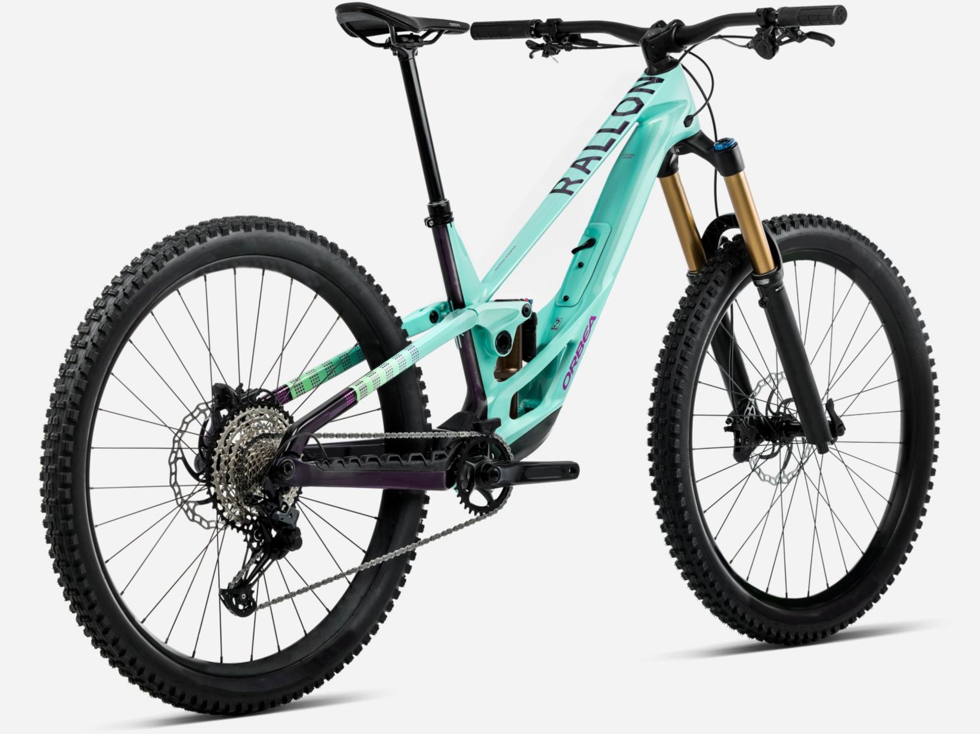 Orbea Rallon E10 Full Suspension mountain bike Enduro Aloha green / fantasy purple carbon view gloss Rear facing view