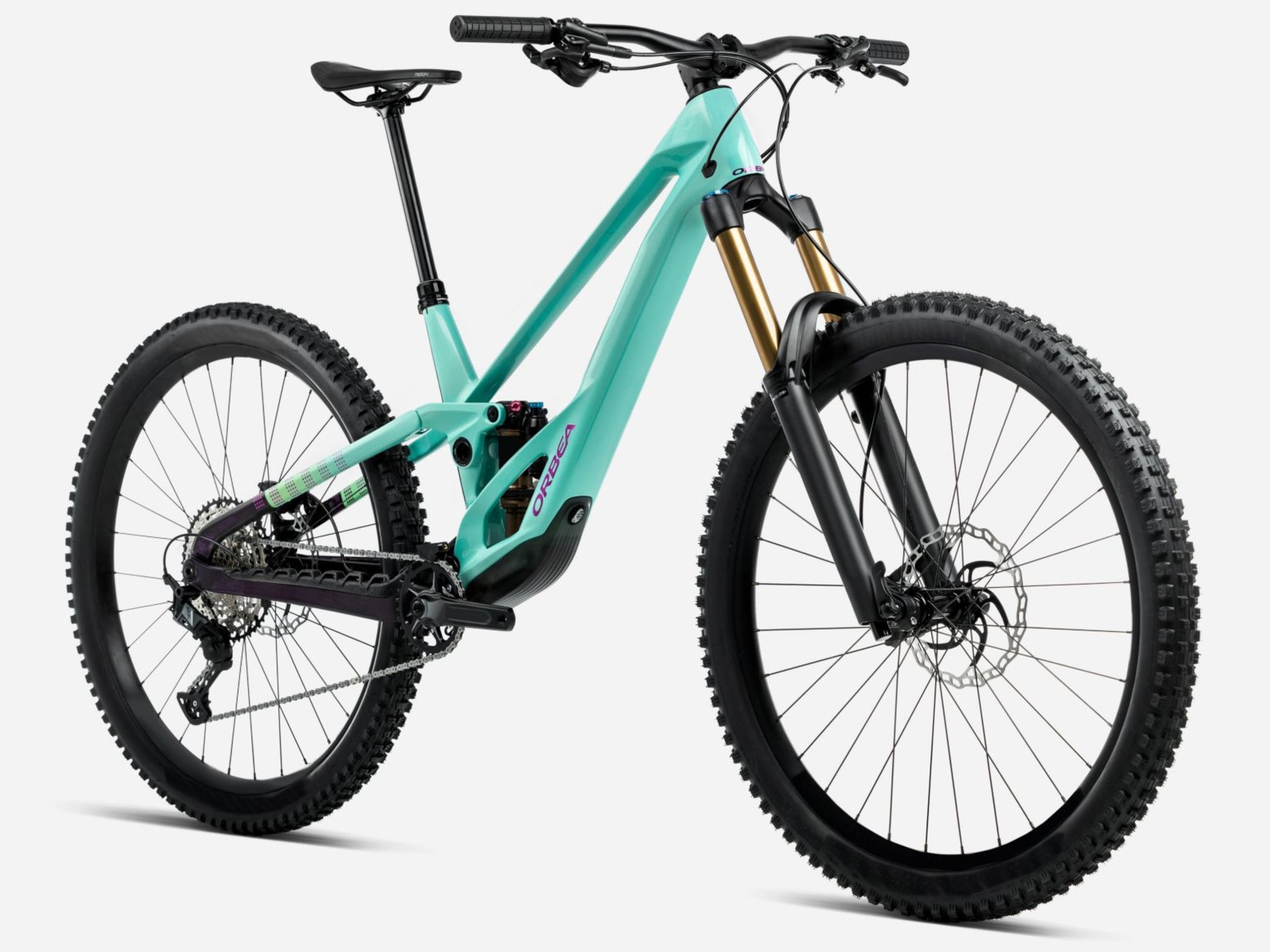 Orbea Rallon E-LTD Full Suspension mountain bike Enduro Aloha green / fantasy purple carbon view gloss Forward facing view