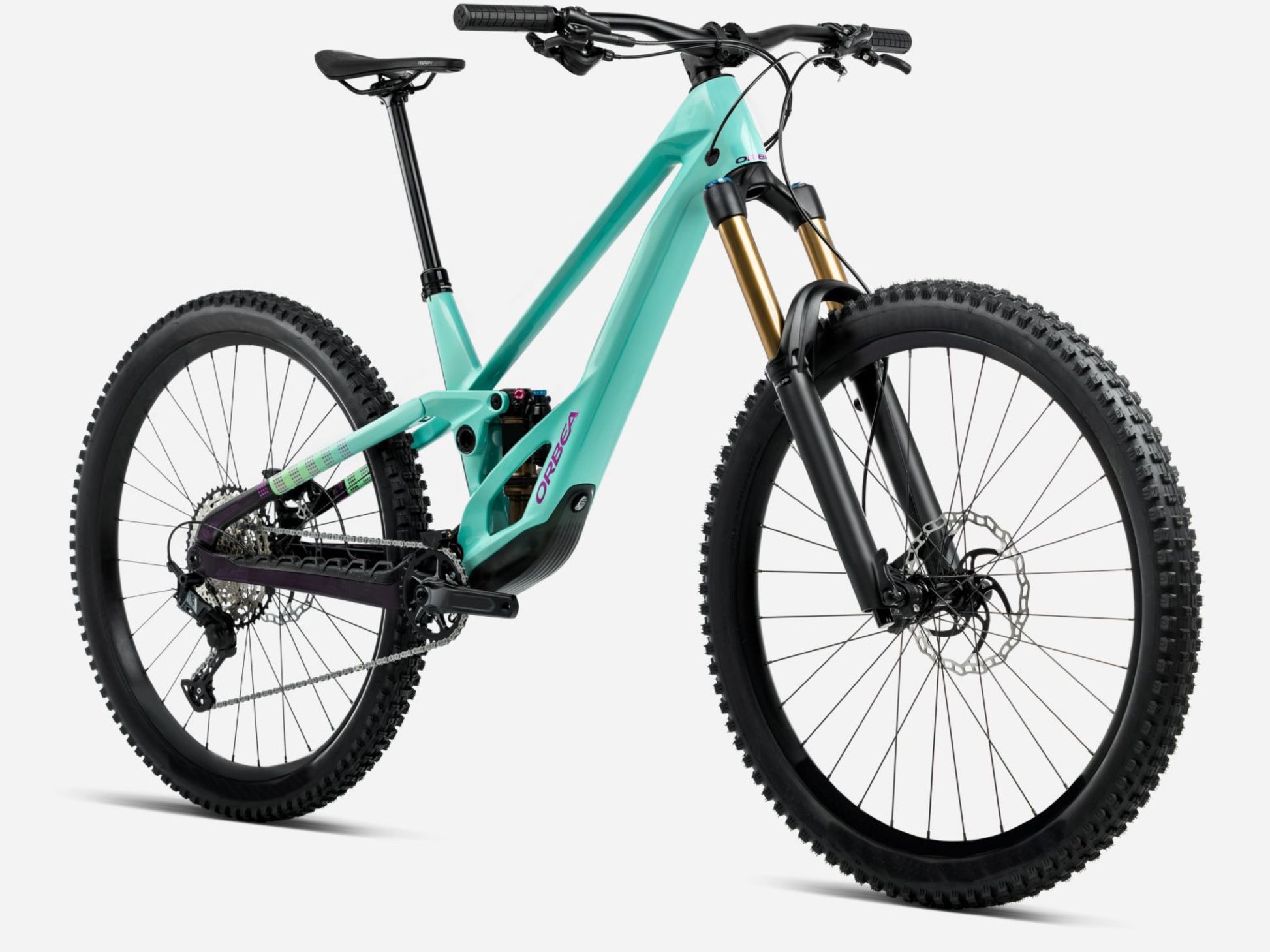 Orbea Rallon E-Team Full Suspension mountain bike Enduro Aloha green / fantasy purple carbon view gloss Forward facing view