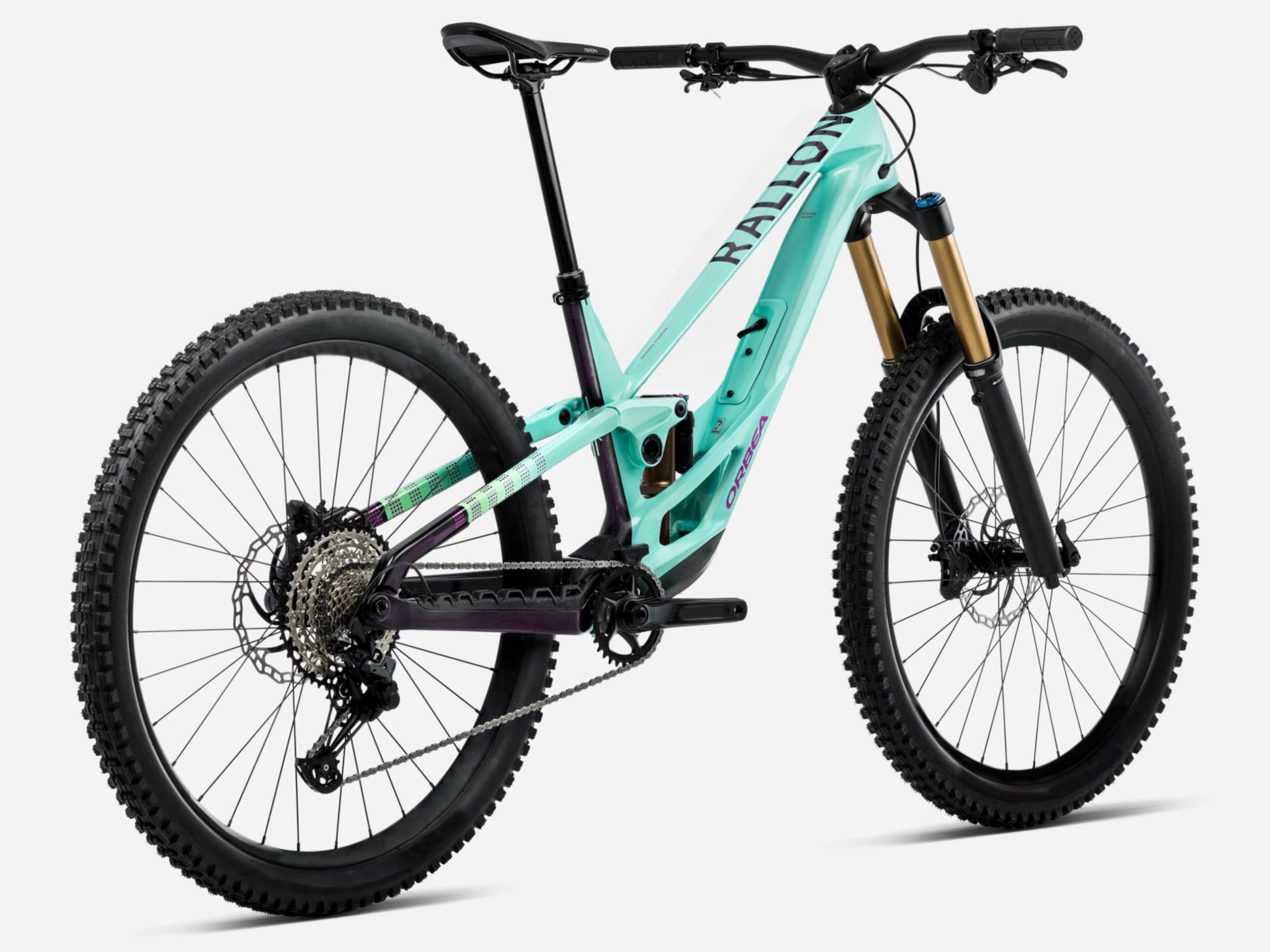 Orbea Rallon E-Team Full Suspension mountain bike Enduro Aloha green / fantasy purple carbon view gloss Rear facing view