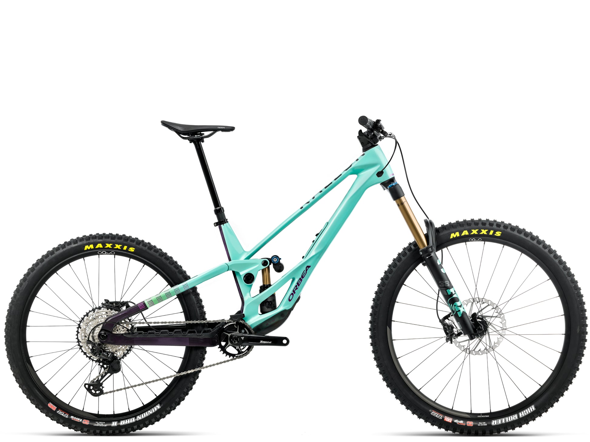 Orbea Rallon E-Team Full Suspension mountain bike Enduro Aloha green / fantasy purple carbon view gloss Side profile