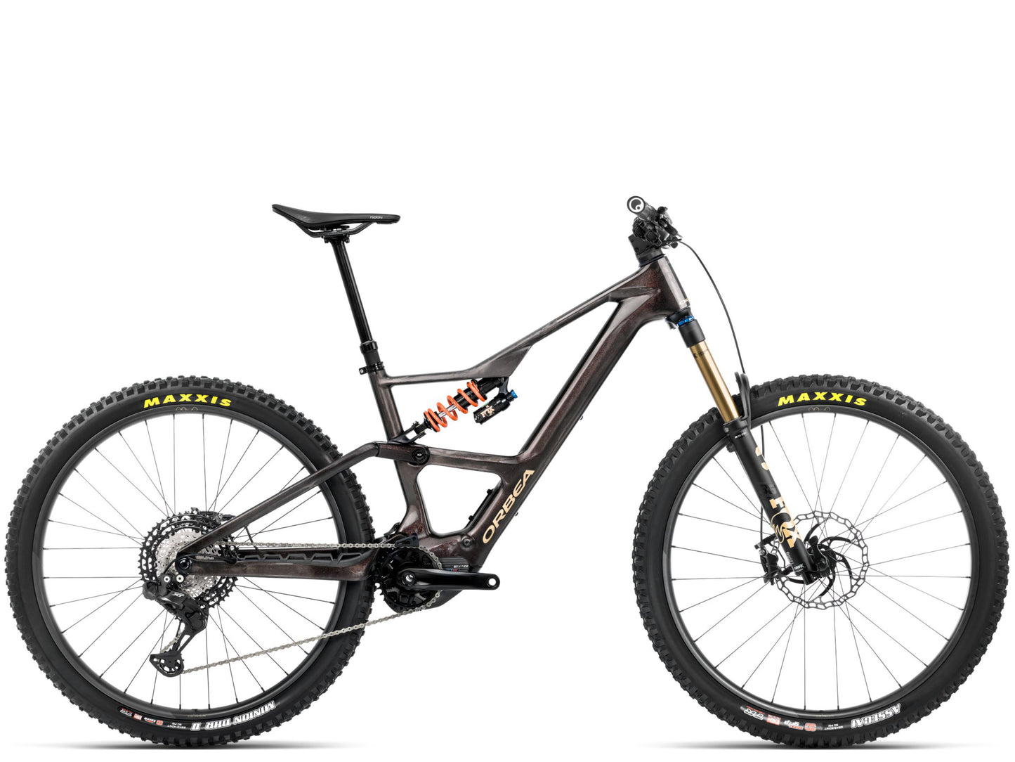 Orbea Rise LT M-Team eMTB Enduro Cosmic carbon view / gold sand gloss Side view