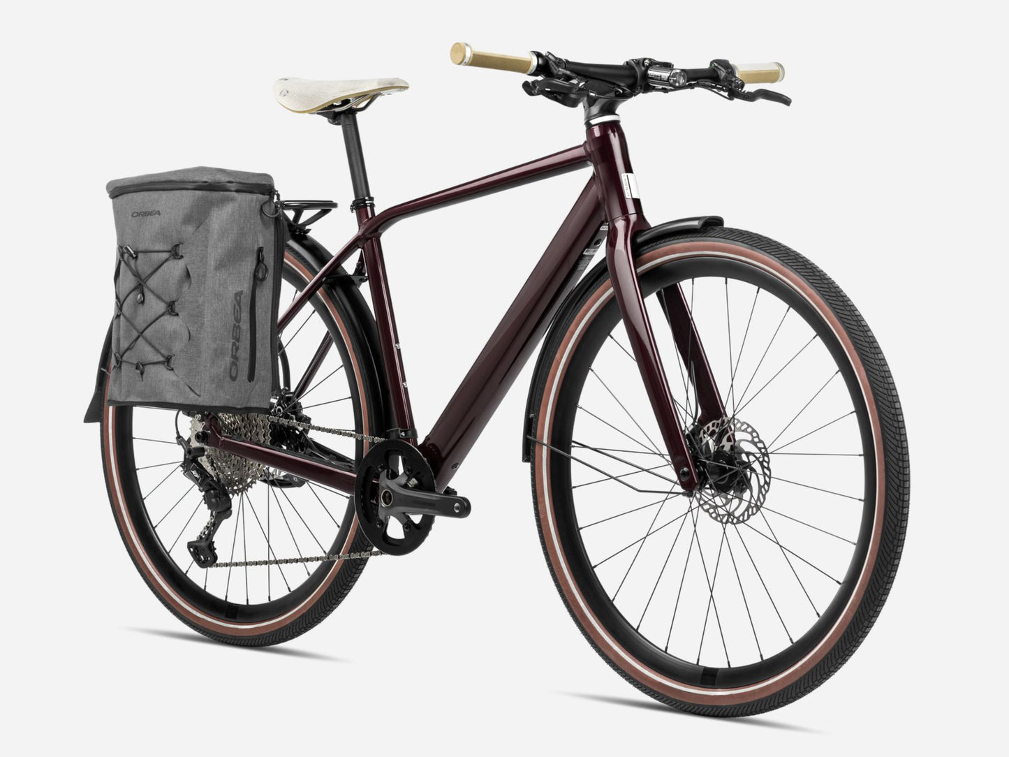 Orbea Vibe H30 Road / commuter eBike Metallic Burgundy red gloss Rear Facing view *shown with optional accessories