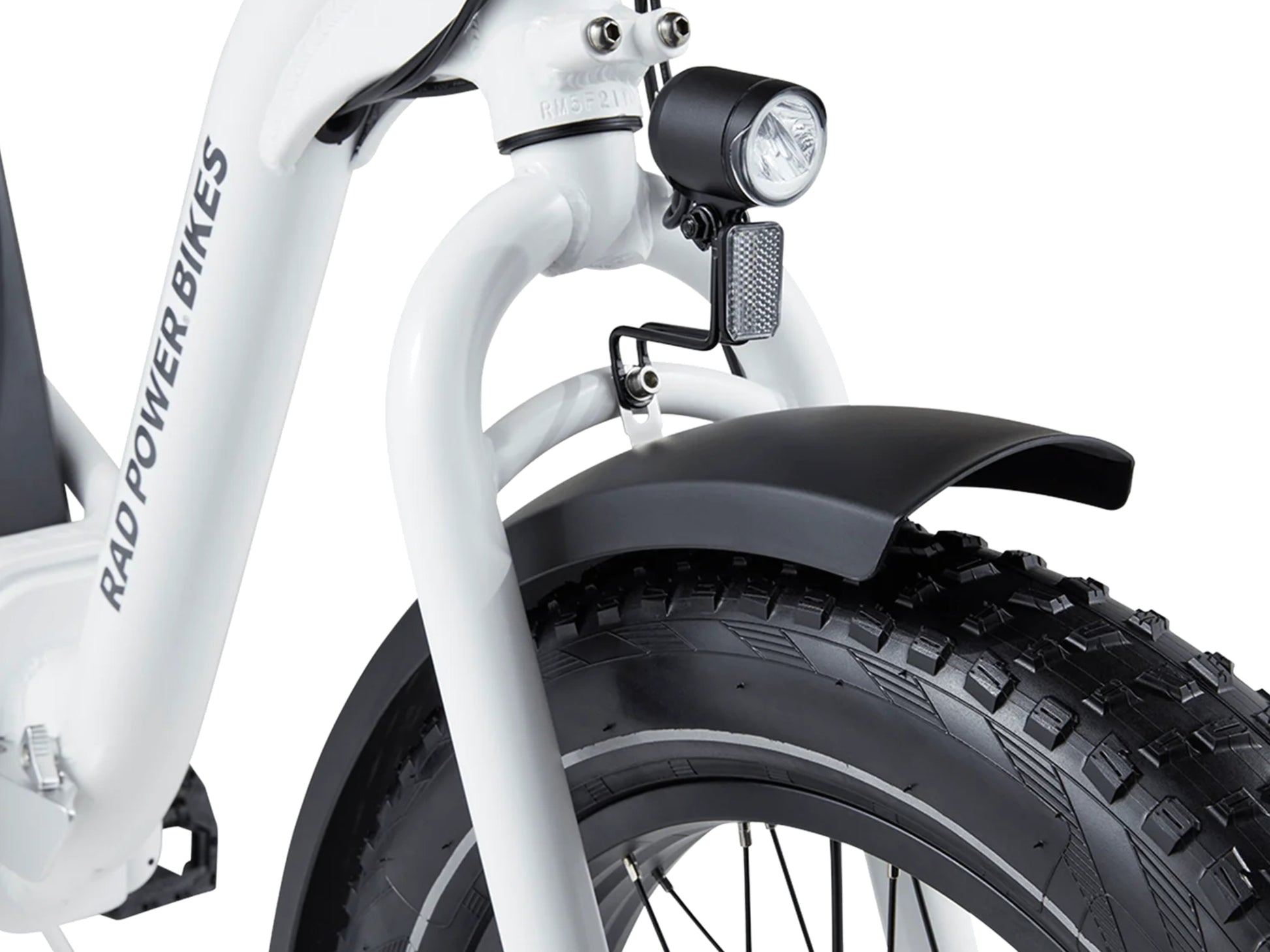 Rad Power RadExpand™ 5 Electric Folding Bike White Headlight, front fender and tire closeup