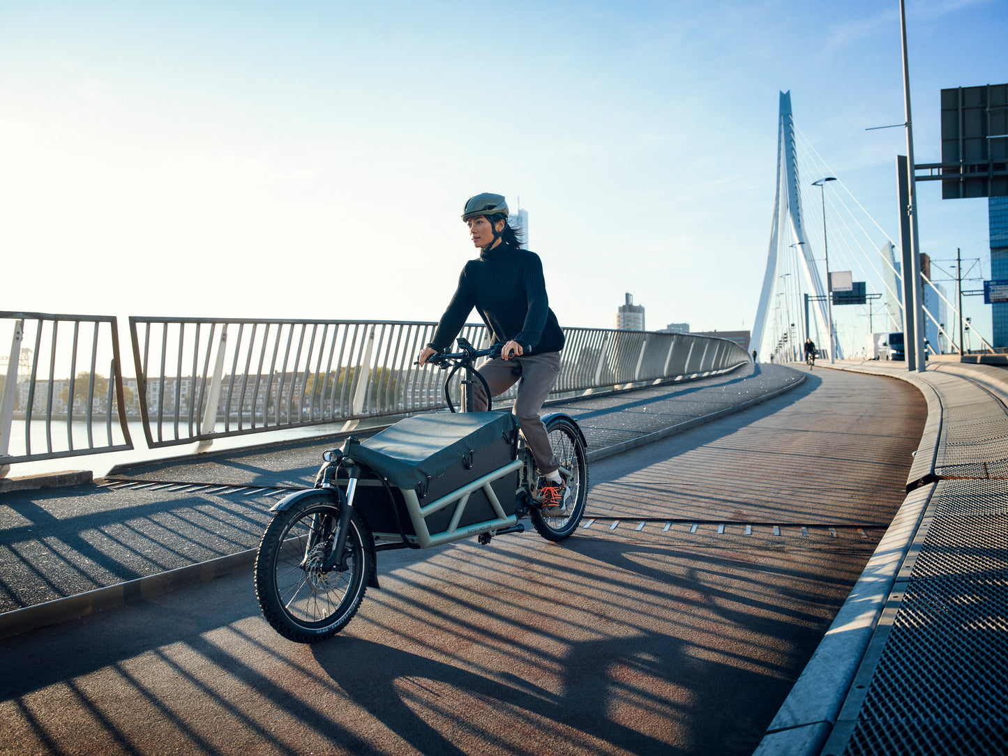 Riese & Muller Cargo Electric Bike. Female rider in a bridge bike lane. Optional cargo kit shown.